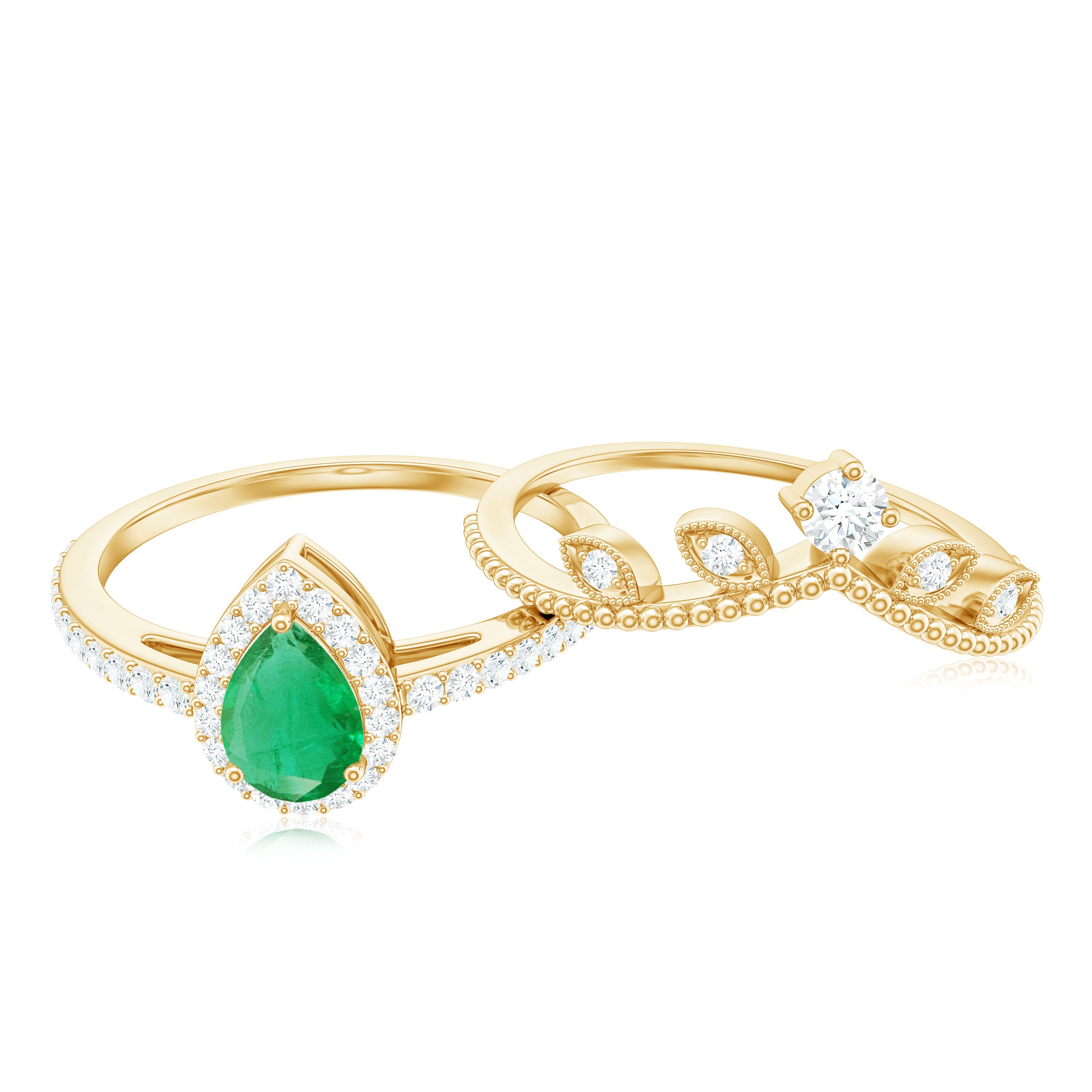 Vintage Looking Emerald Diamond Designer Engagement Wedding Ring Set AAA - Rosec Jewels