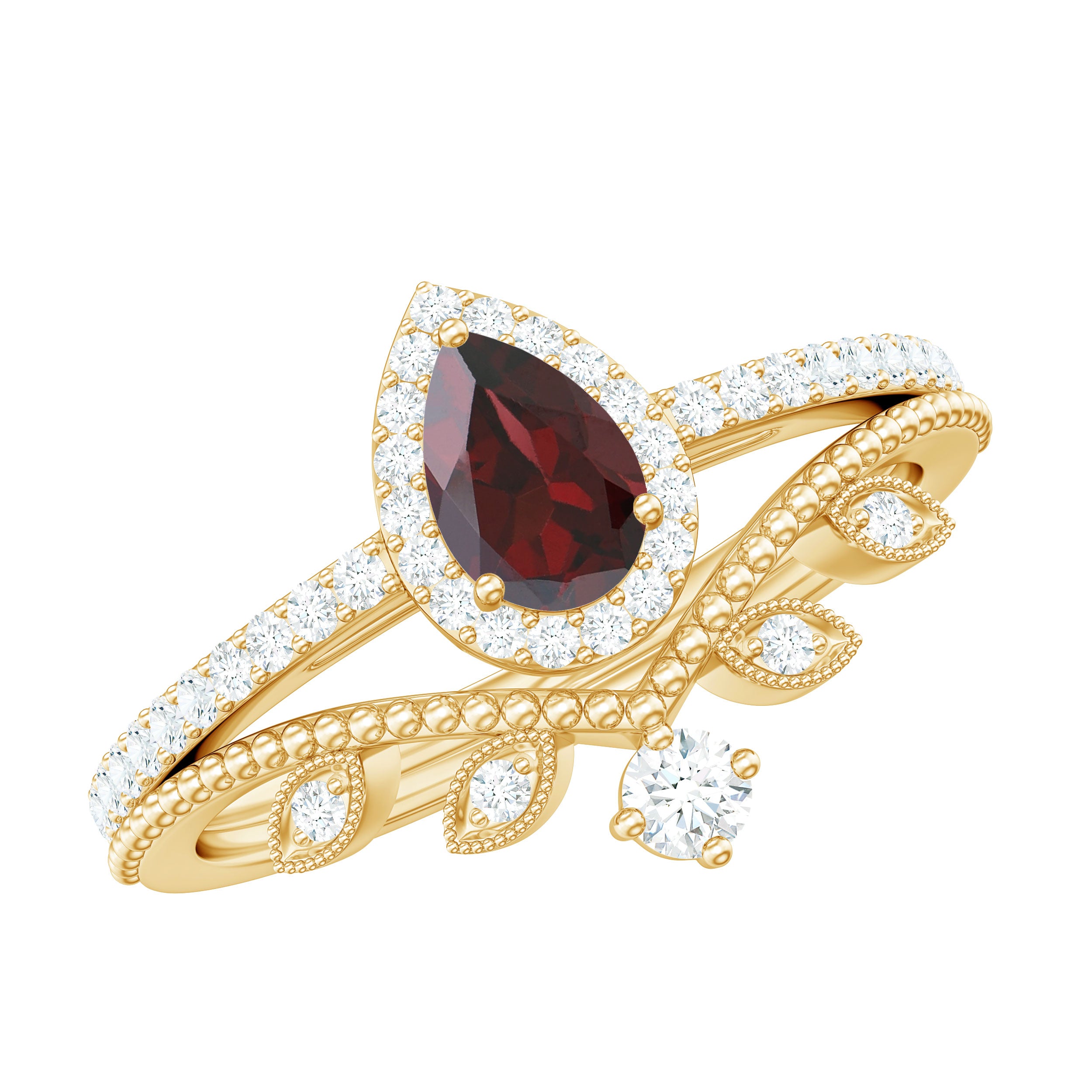 Natural Garnet Diamond Vintage Wedding Bridal Ring Set AAA - Rosec Jewels