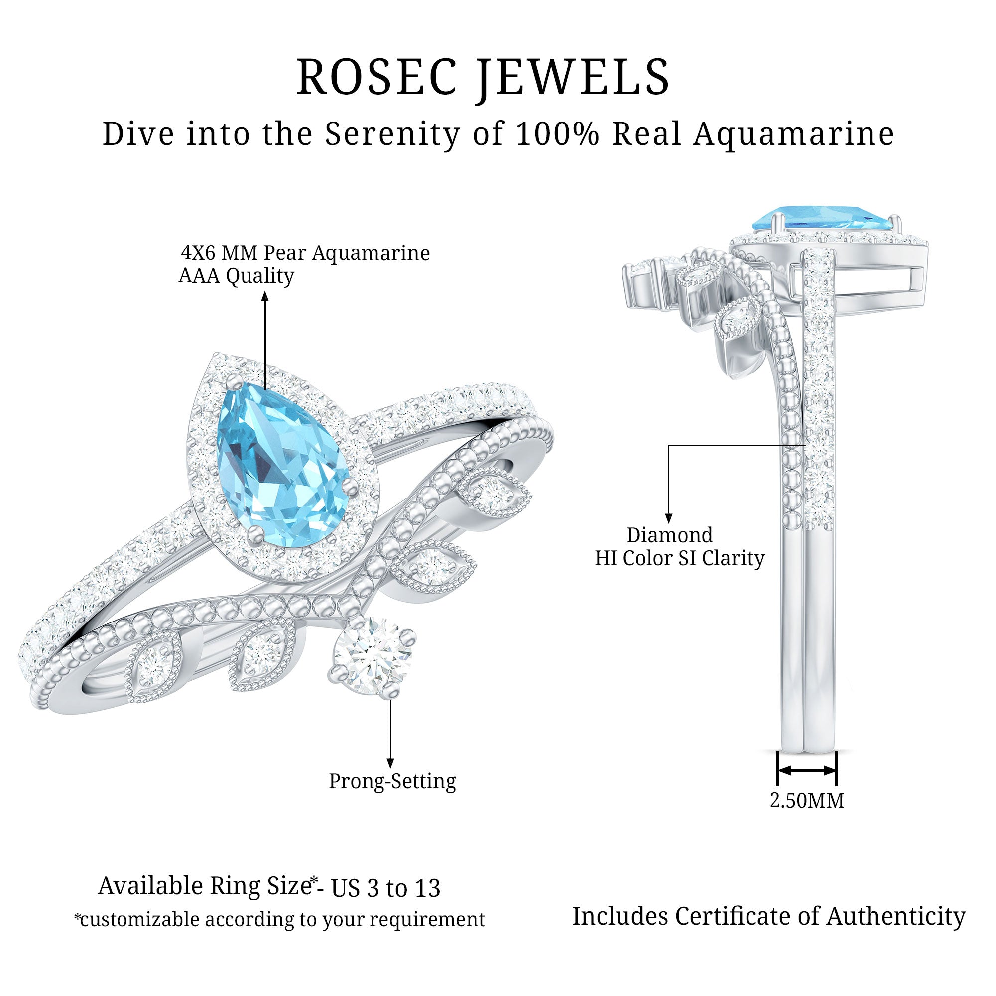 Vintage Looking Aquamarine and Diamond Teardrop Wedding Ring Set for Women AAA - Rosec Jewels