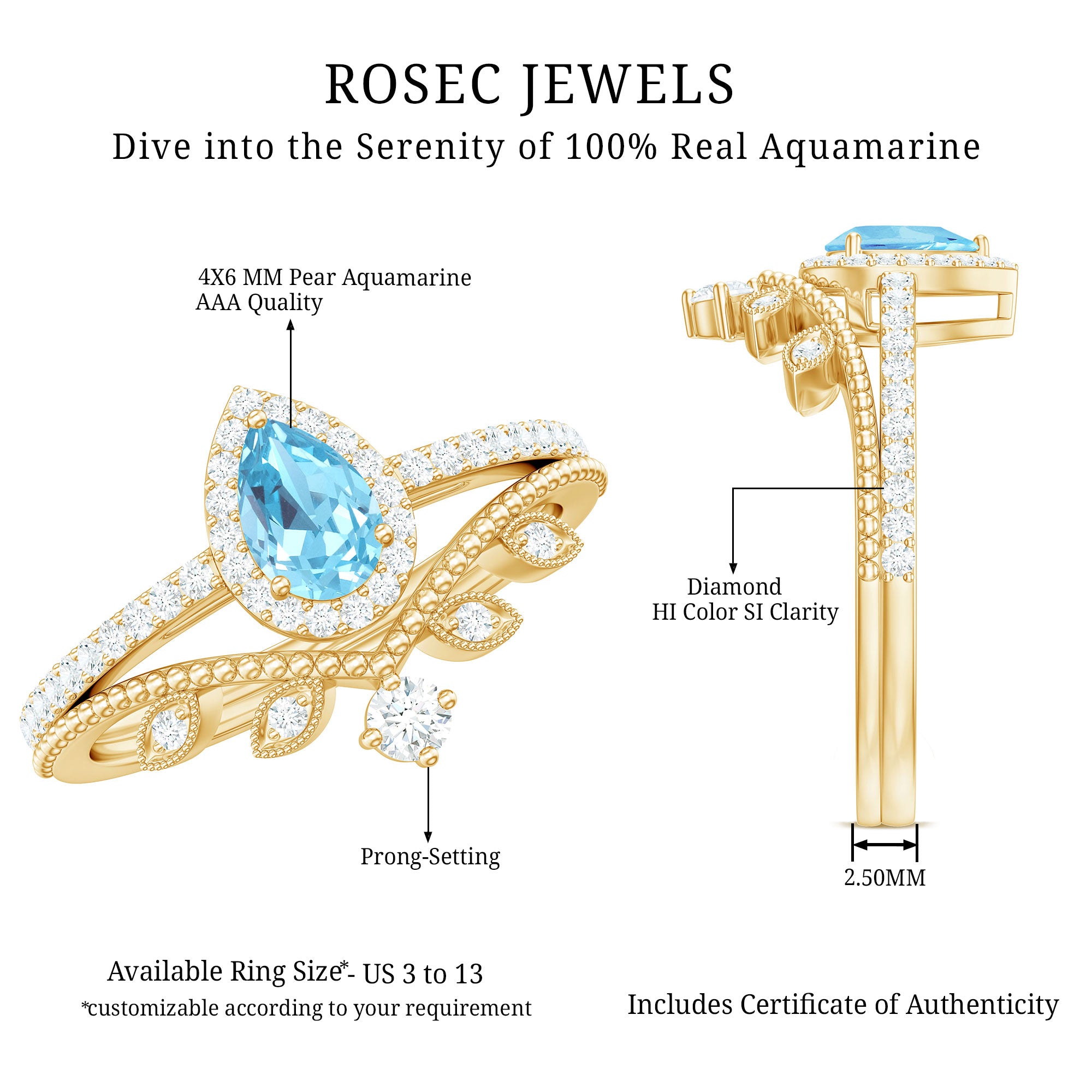 Vintage Looking Aquamarine and Diamond Teardrop Wedding Ring Set for Women AAA - Rosec Jewels