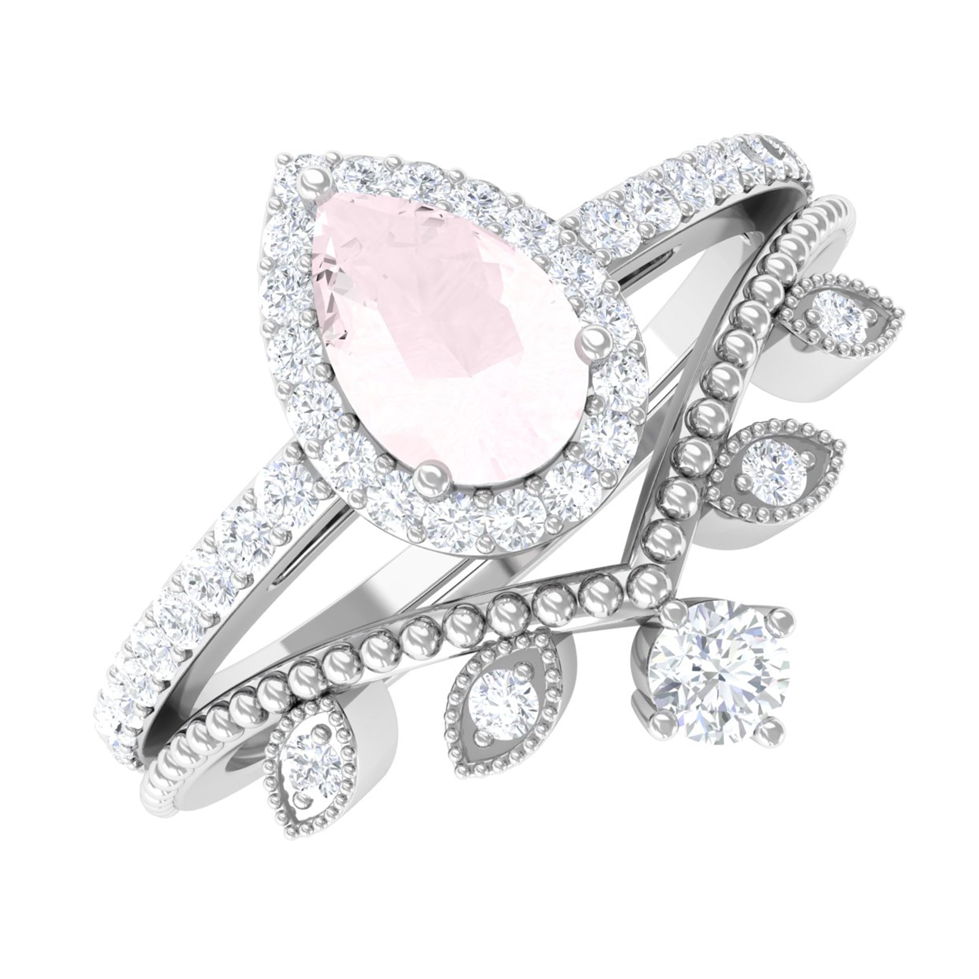 Vintage Inspired Rose Quartz Teardrop Wedding Ring Set with Diamond