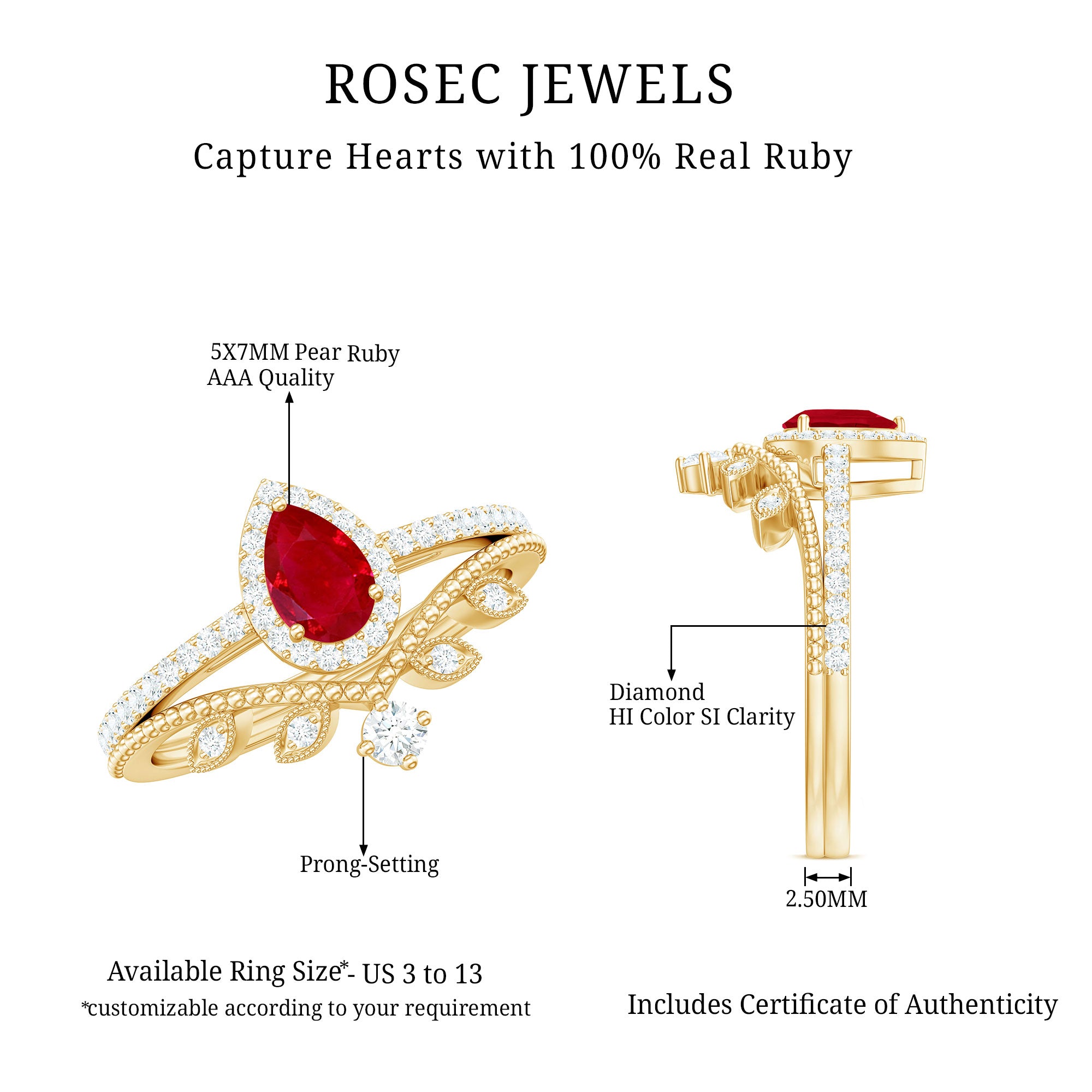 Vintage Looking Pear Shape Ruby Diamond Engagement Ring with Enhancer AAA - Rosec Jewels