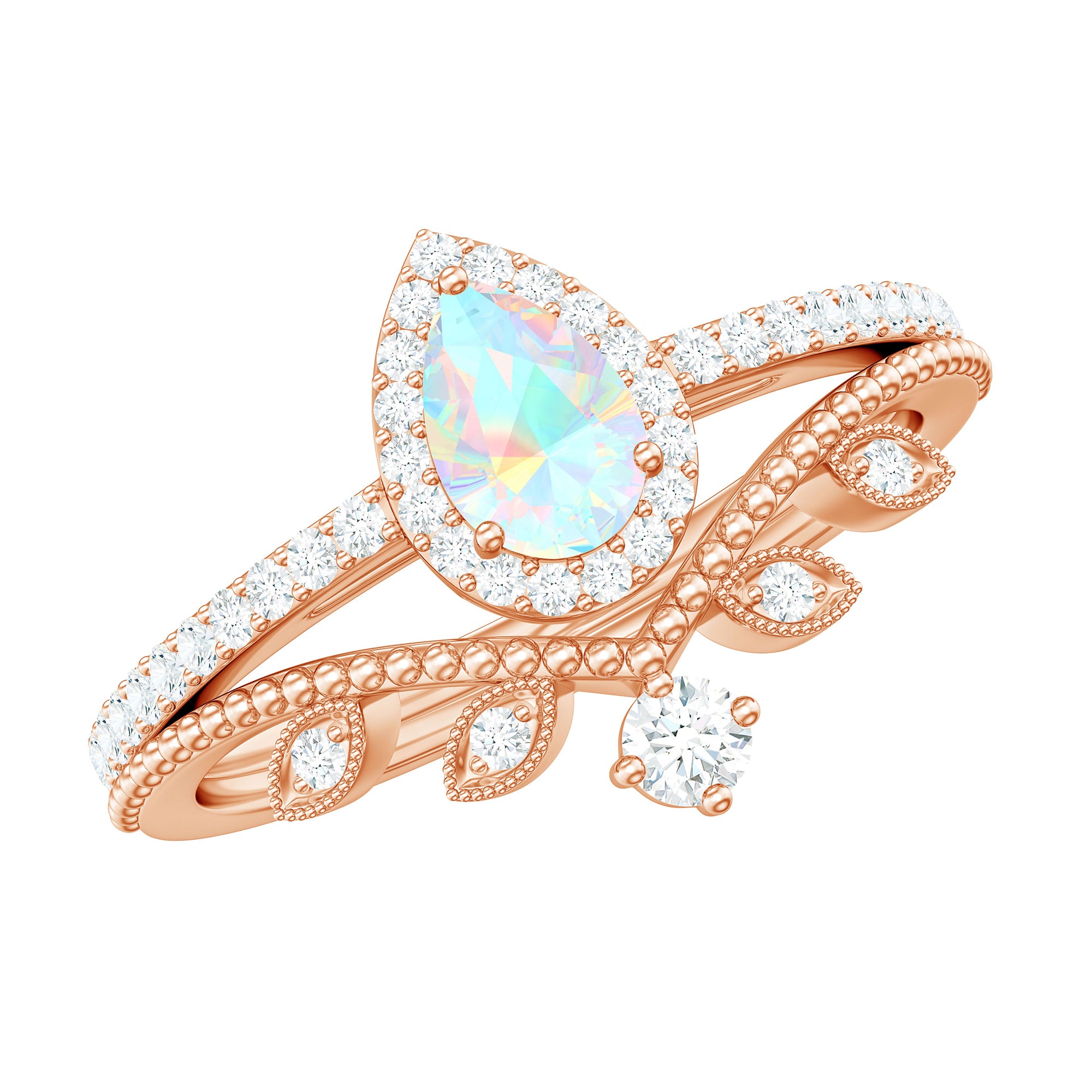 Vintage Inspired Ethiopian Opal Diamond Designer Bridal Ring Set AAA - Rosec Jewels