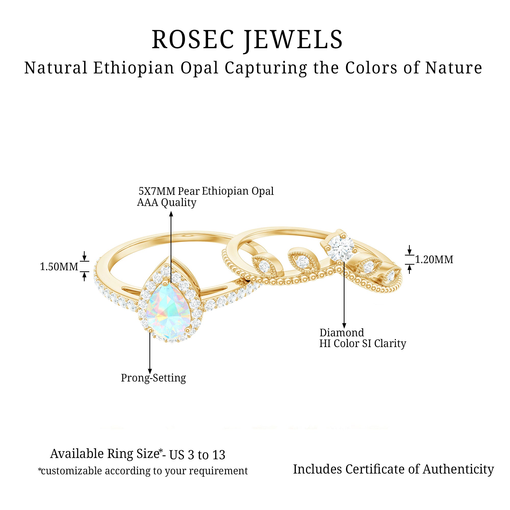 Vintage Inspired Ethiopian Opal Diamond Designer Bridal Ring Set AAA - Rosec Jewels