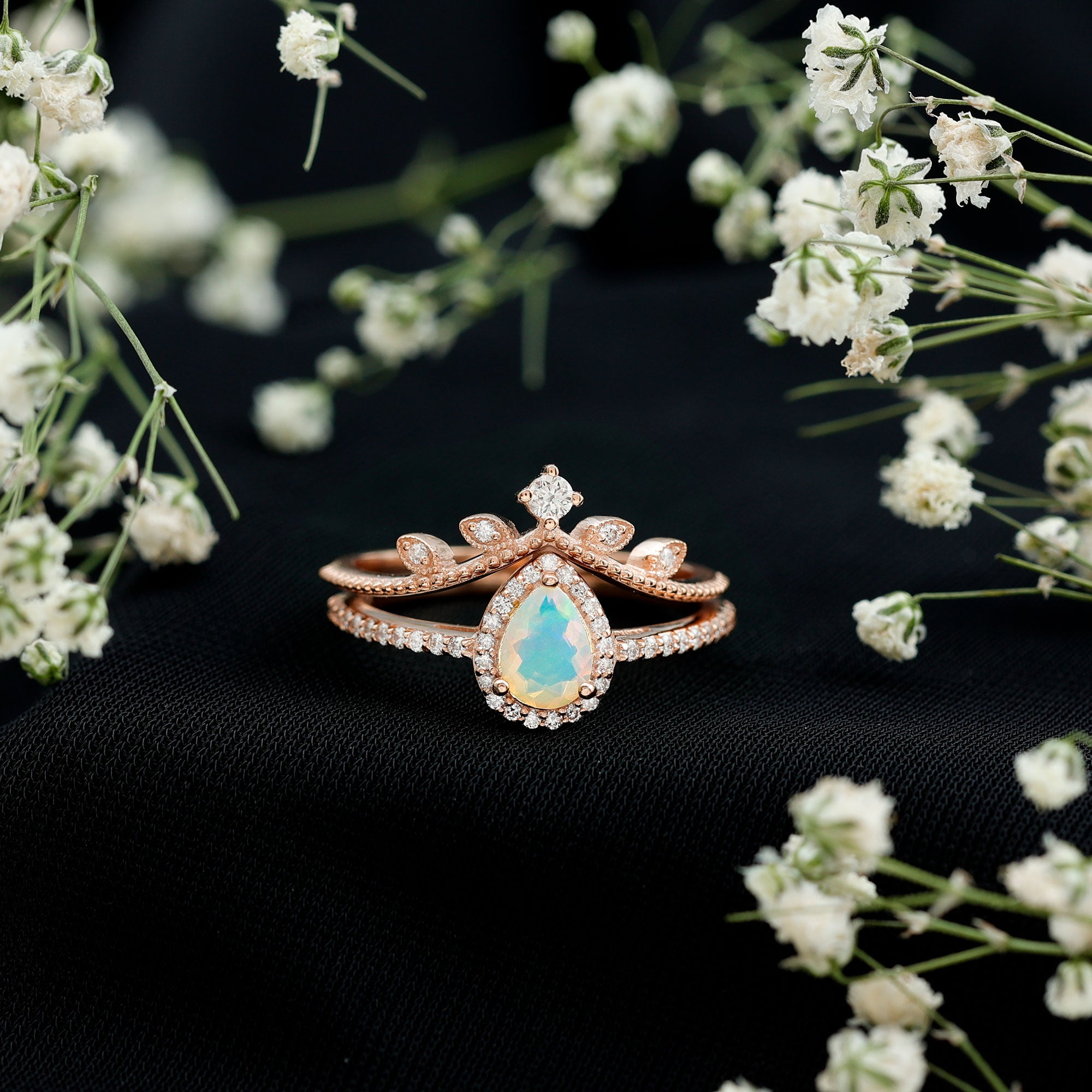 Vintage Inspired Ethiopian Opal Diamond Designer Bridal Ring Set AAA - Rosec Jewels