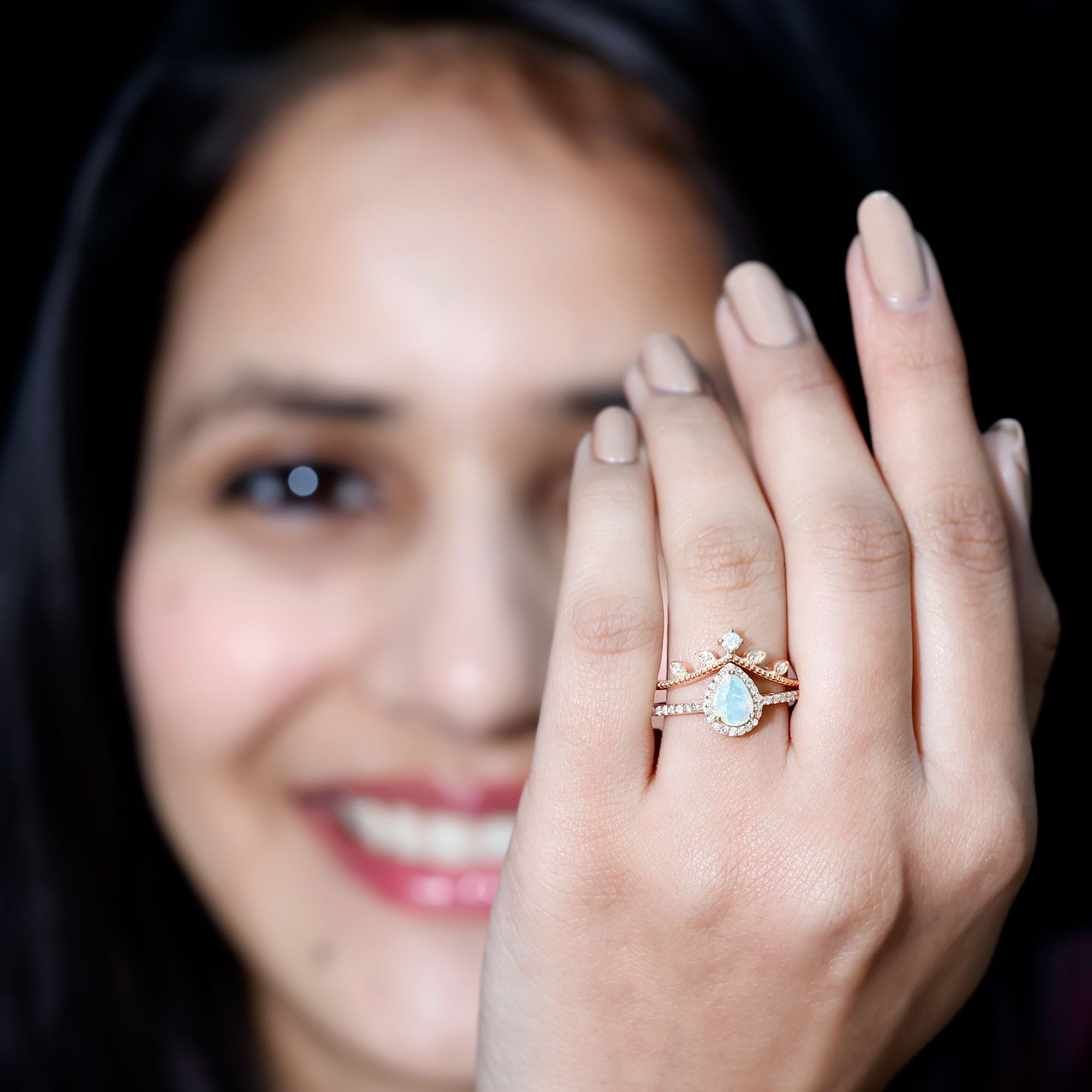 Vintage Inspired Ethiopian Opal Diamond Designer Bridal Ring Set AAA - Rosec Jewels