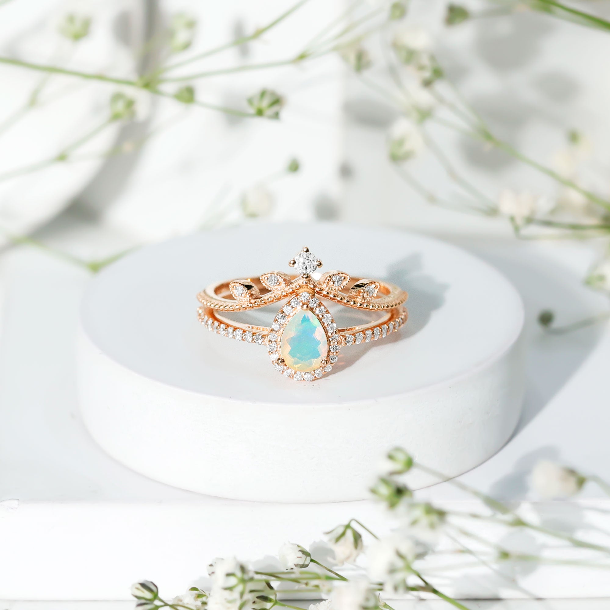 Vintage Inspired Ethiopian Opal Diamond Designer Bridal Ring Set AAA - Rosec Jewels