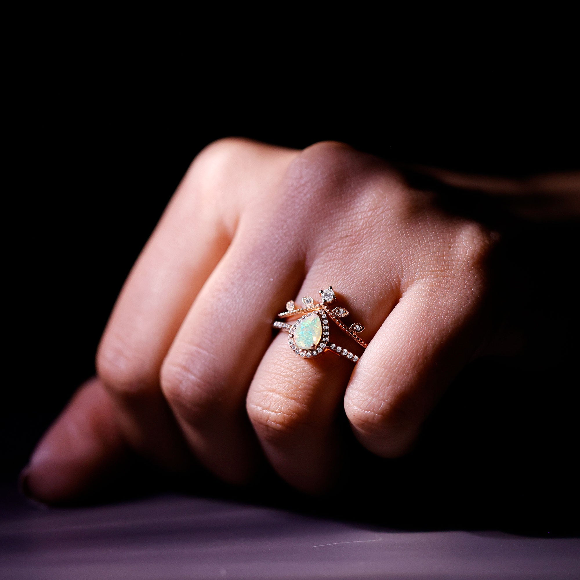 Vintage Inspired Ethiopian Opal Diamond Designer Bridal Ring Set AAA - Rosec Jewels