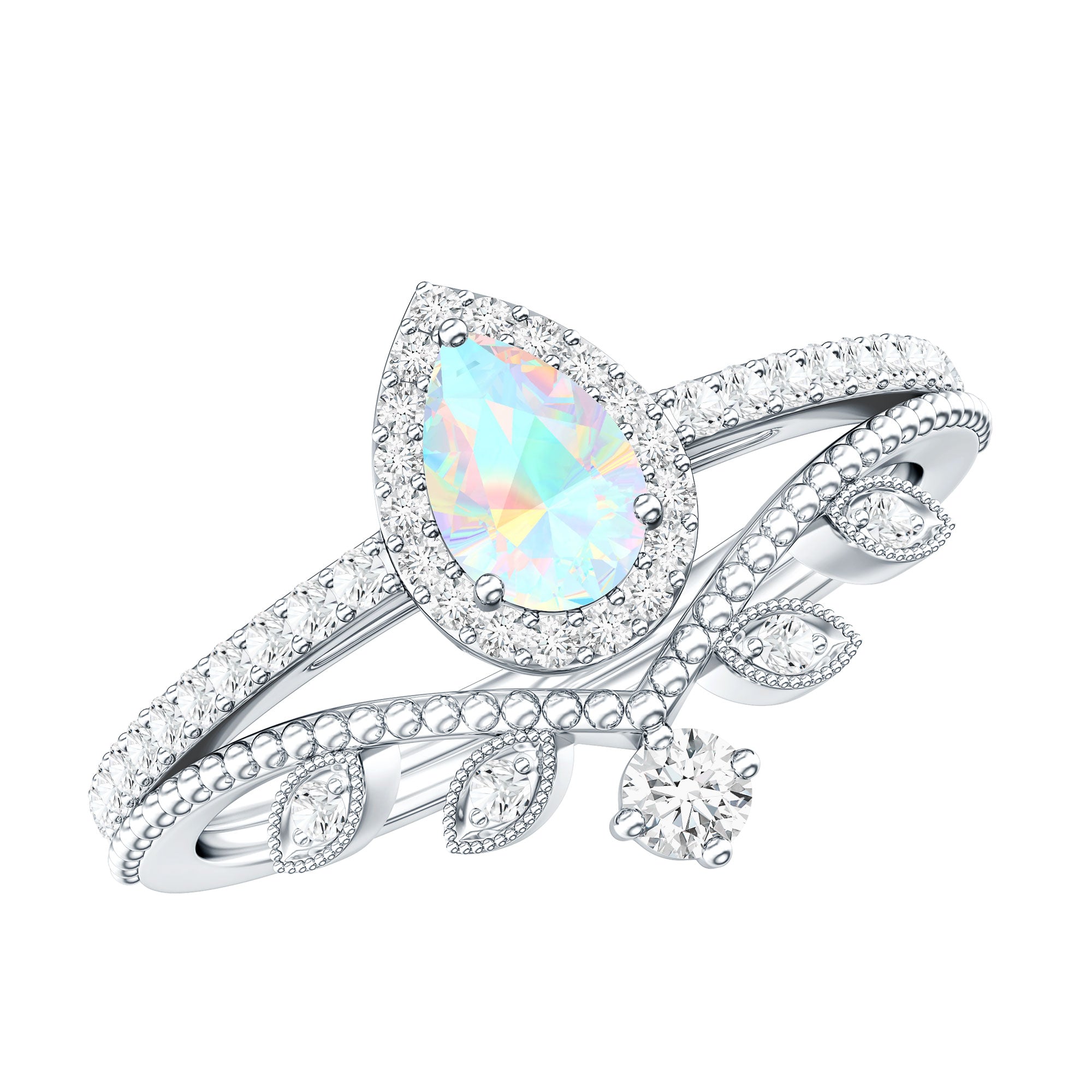 Vintage Inspired Ethiopian Opal Diamond Designer Bridal Ring Set AAA - Rosec Jewels