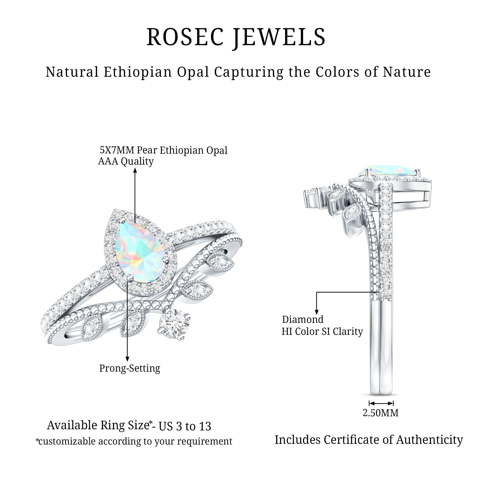 Vintage Inspired Ethiopian Opal Diamond Designer Bridal Ring Set AAA - Rosec Jewels