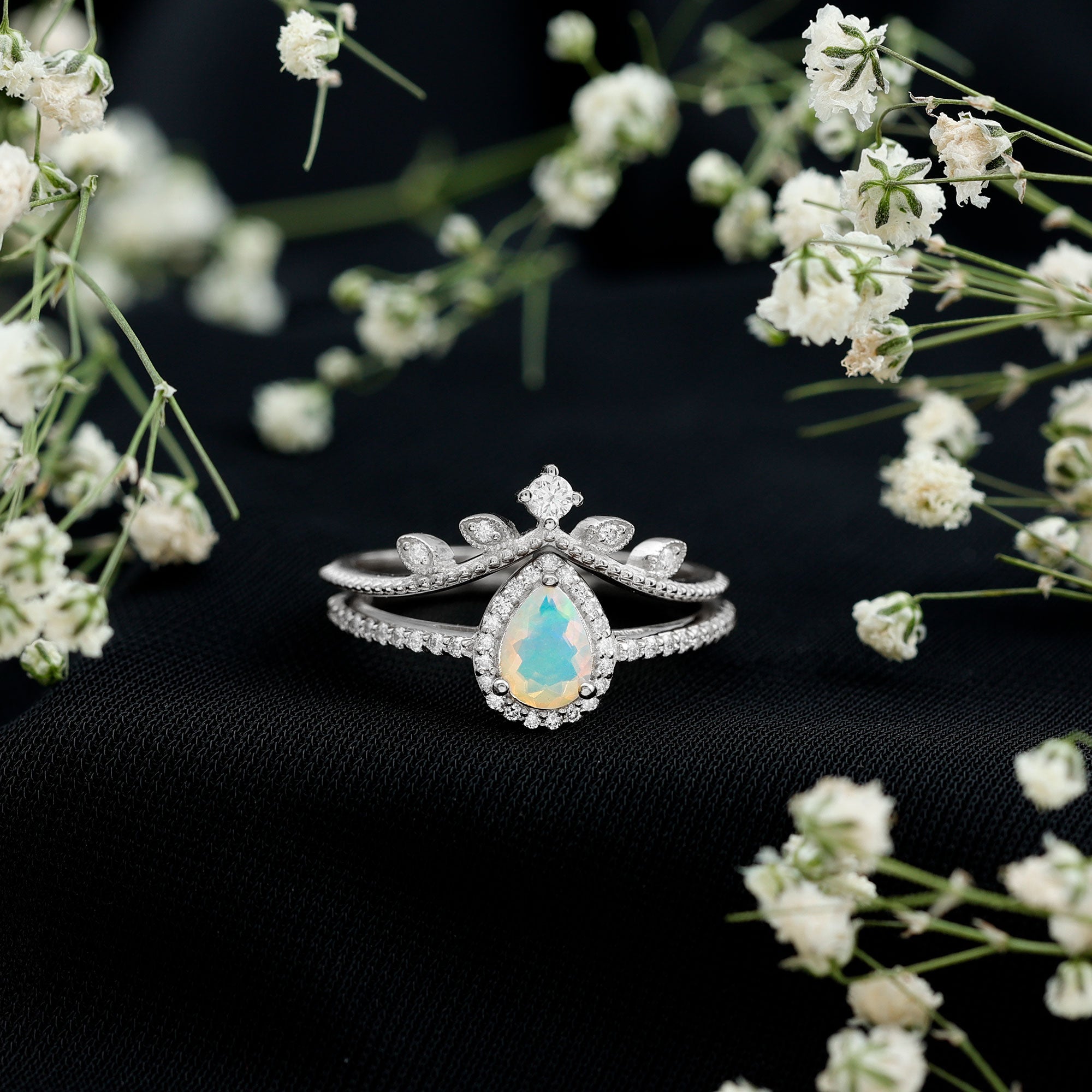 Vintage Inspired Ethiopian Opal Diamond Designer Bridal Ring Set AAA - Rosec Jewels