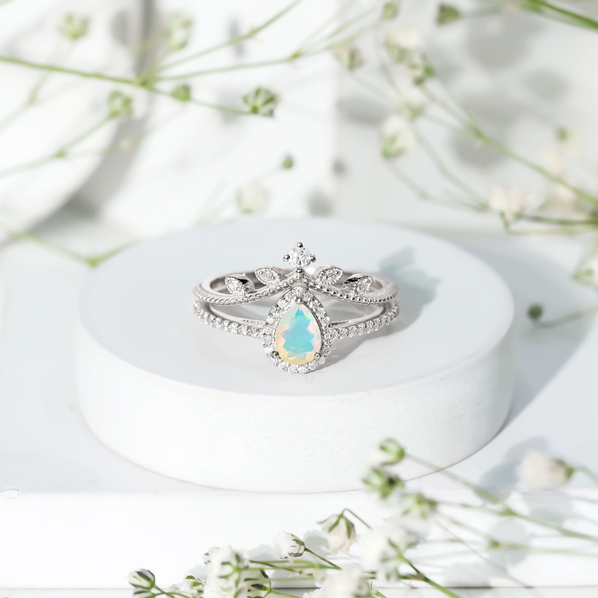 Vintage Inspired Ethiopian Opal Diamond Designer Bridal Ring Set AAA - Rosec Jewels