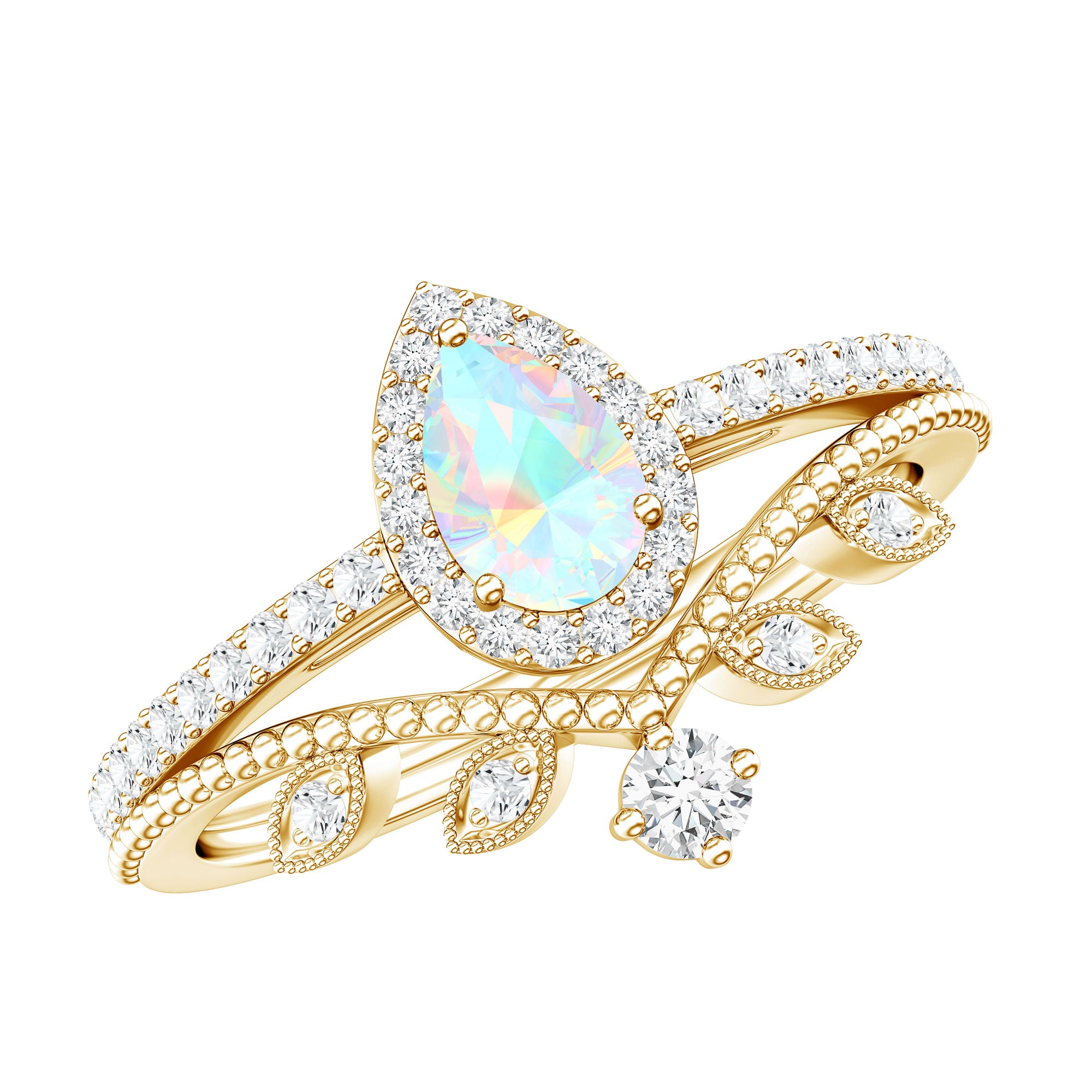Vintage Inspired Ethiopian Opal Diamond Designer Bridal Ring Set AAA - Rosec Jewels