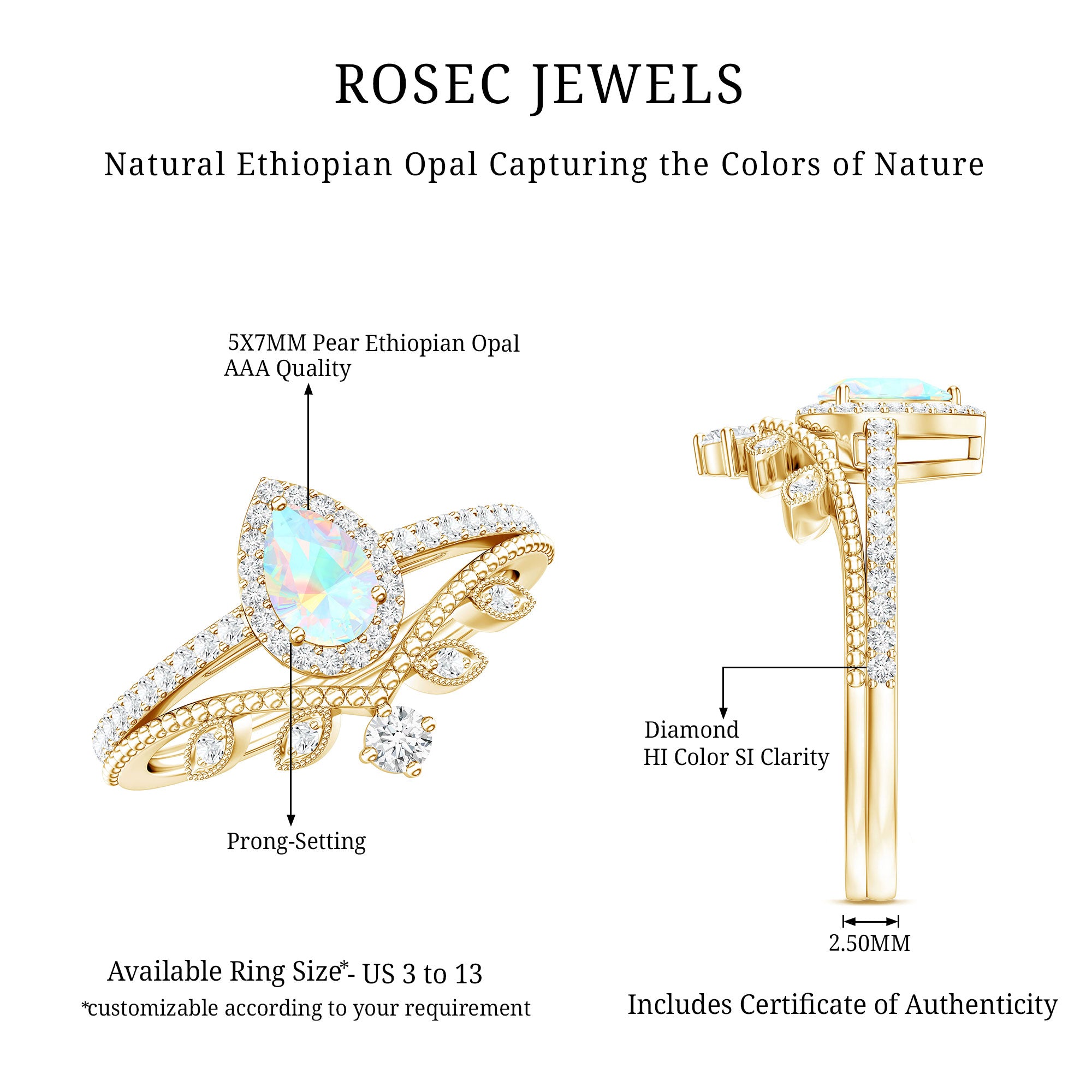 Vintage Inspired Ethiopian Opal Diamond Designer Bridal Ring Set AAA - Rosec Jewels