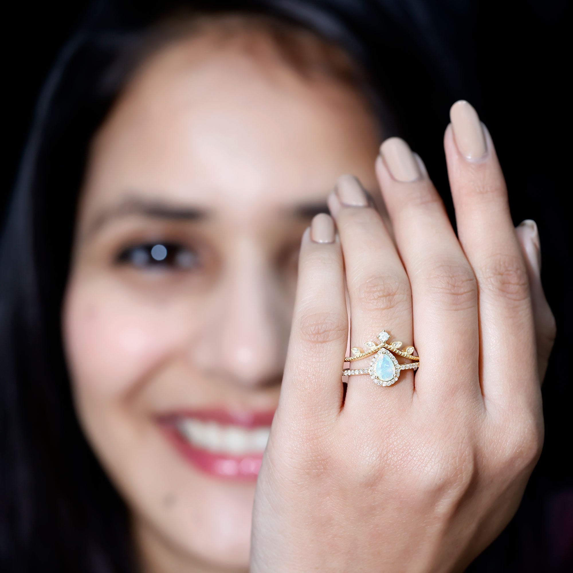 Vintage Inspired Ethiopian Opal Diamond Designer Bridal Ring Set AAA - Rosec Jewels