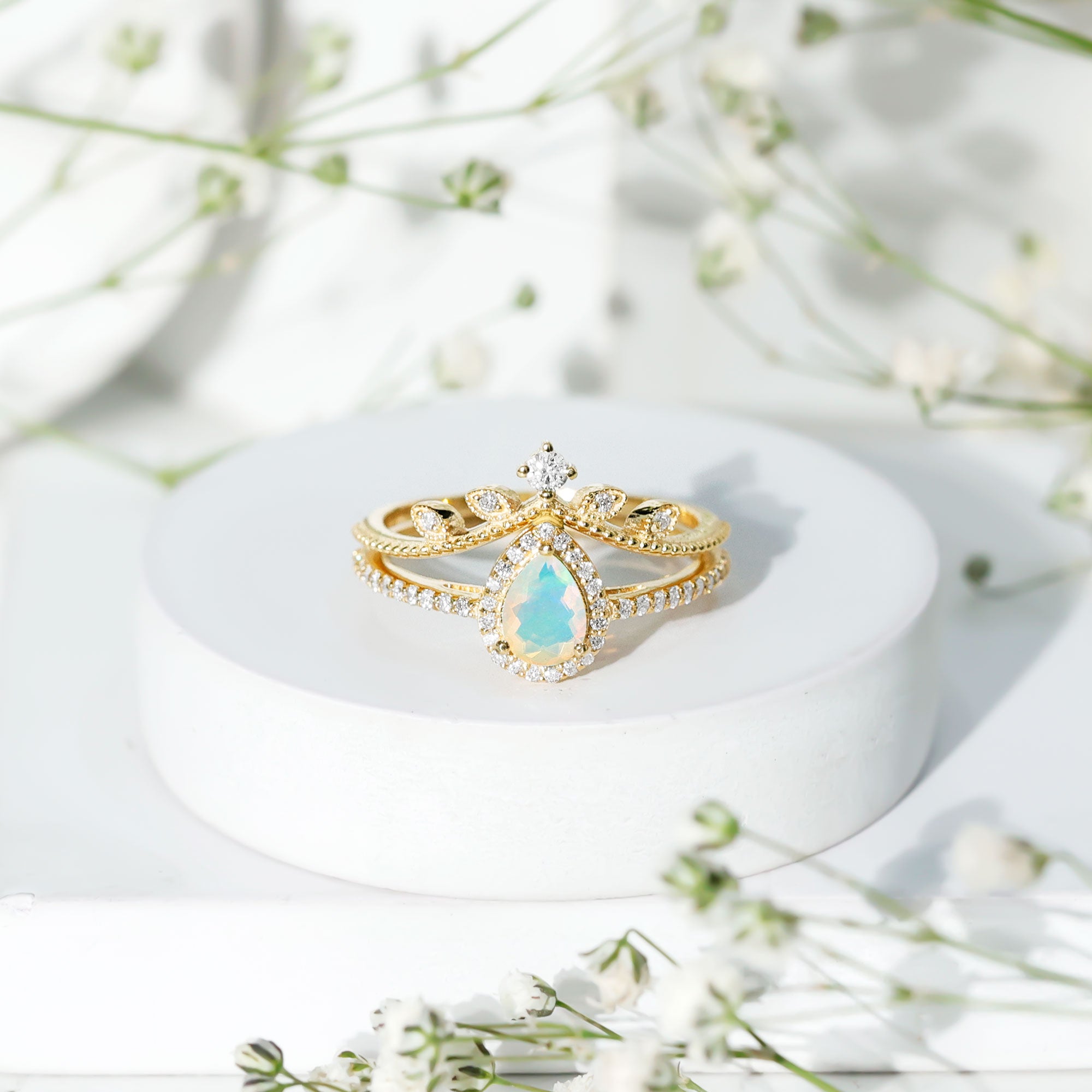 Vintage Inspired Ethiopian Opal Diamond Designer Bridal Ring Set AAA - Rosec Jewels