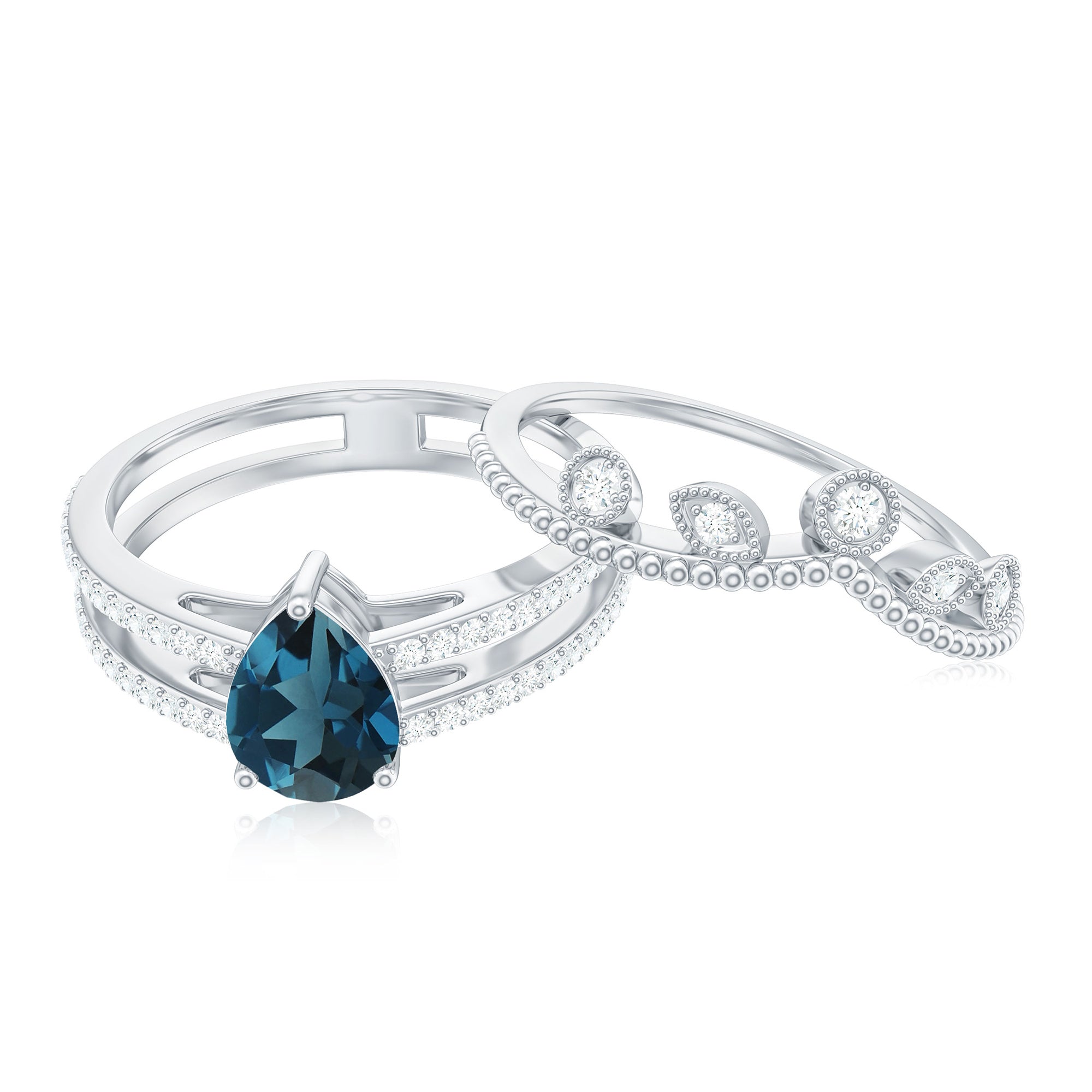 Pear London Blue Topaz Double Band Engagement Ring with Diamond Enhancer AAA - Rosec Jewels