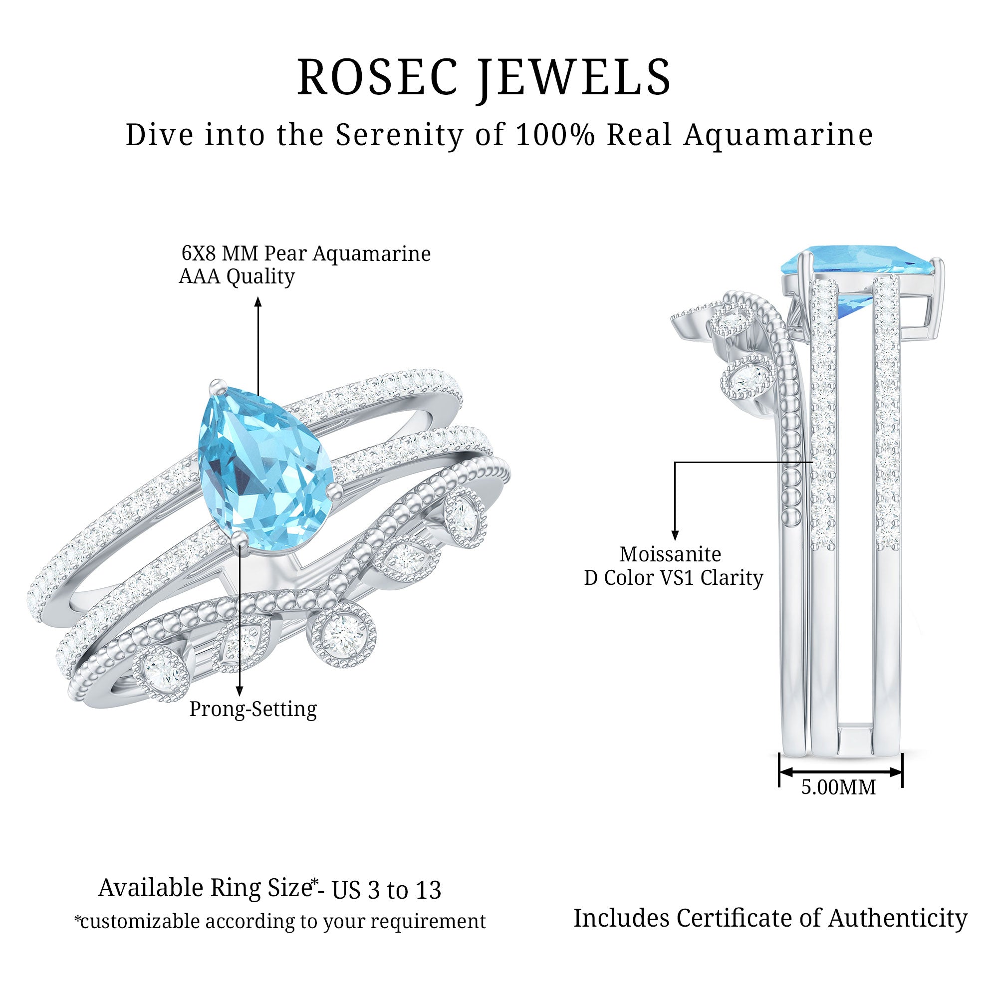 1 Carat Aquamarine and Diamond Teardrop Engagement Ring with Enhancer AAA - Rosec Jewels