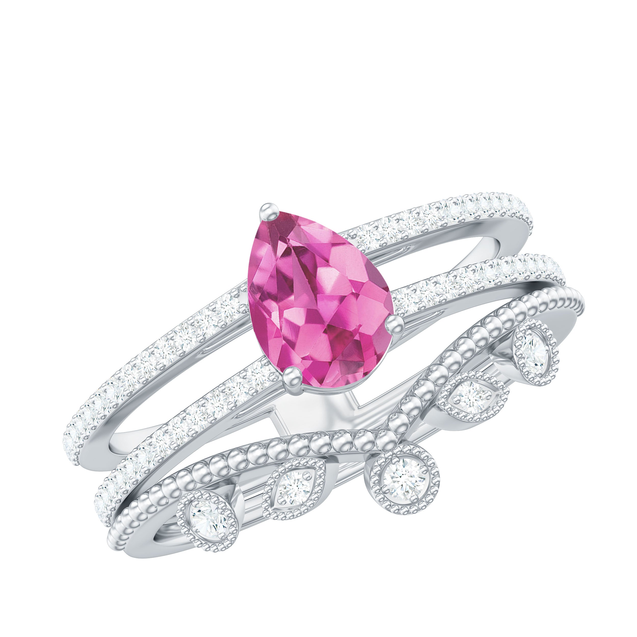 Pear Cut Real Pink tourmaline and Moissanite Wedding Ring Set