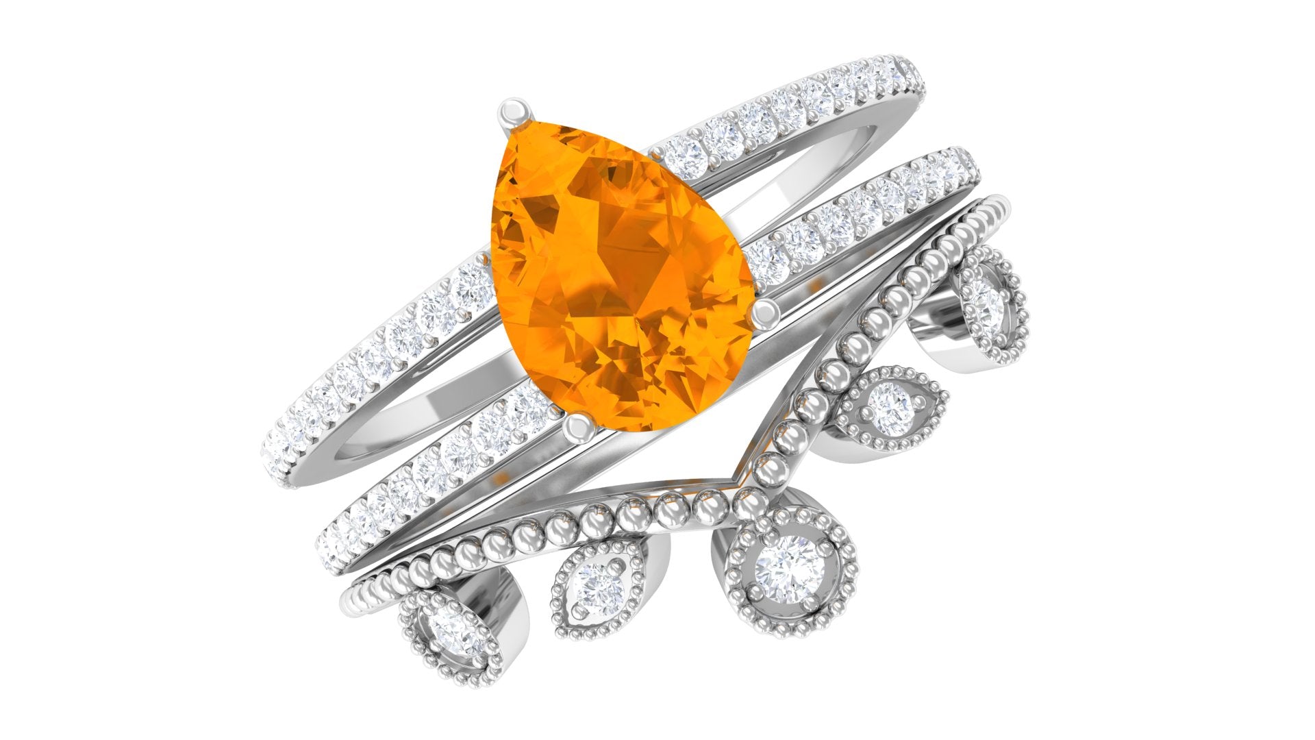 Rosec Jewels-Pear Cut Fire Opal and Diamond Vintage Engagement Ring with Wedding Band Set
