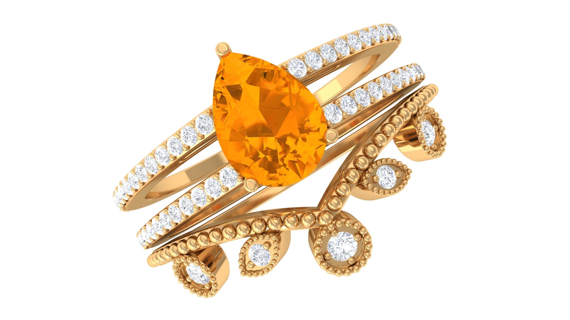Rosec Jewels-Pear Cut Fire Opal and Diamond Vintage Engagement Ring with Wedding Band Set