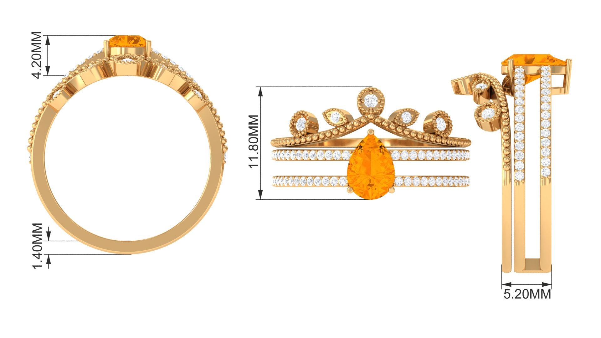 Rosec Jewels-Pear Cut Fire Opal and Diamond Vintage Engagement Ring with Wedding Band Set