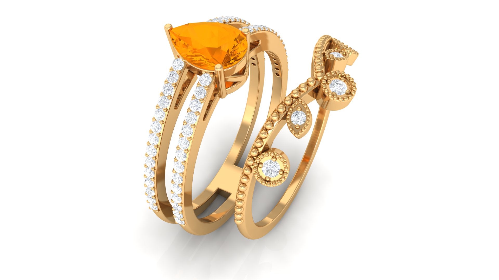 Rosec Jewels-Pear Cut Fire Opal and Diamond Vintage Engagement Ring with Wedding Band Set