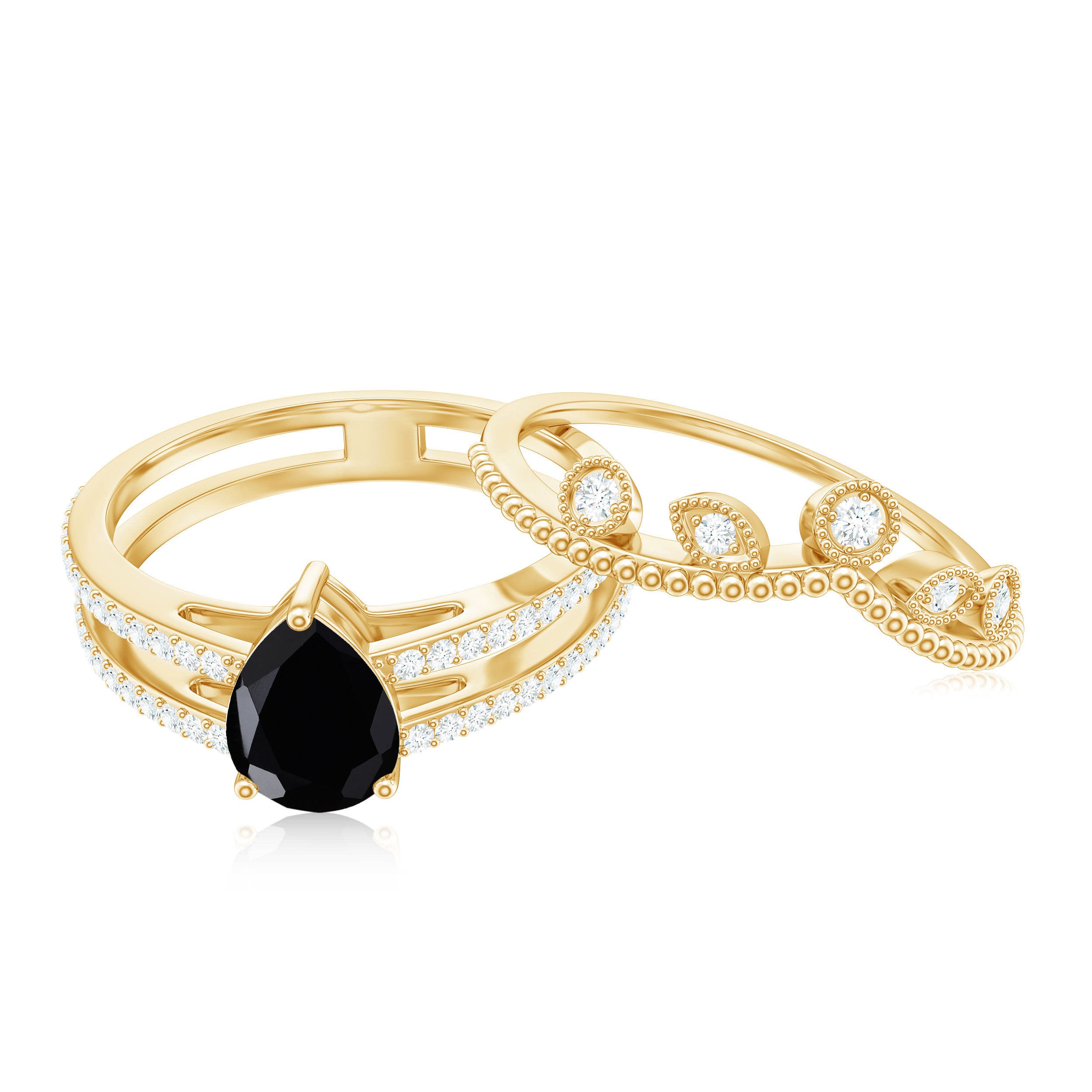 Vintage Style Black Spinel Diamond Wedding Ring Set for Women AAA - Rosec Jewels