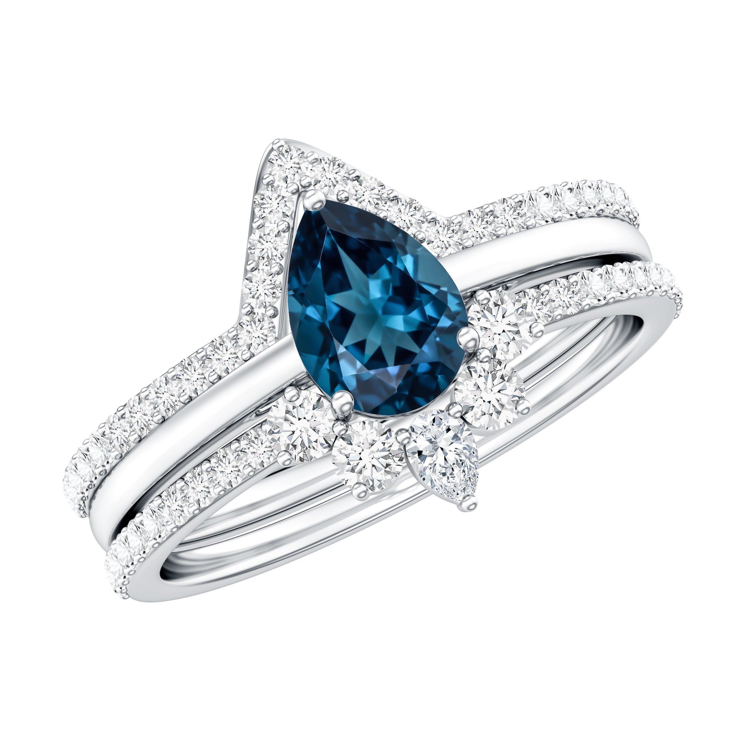 Pear Shape London Blue Topaz and Diamond Trio Ring Set AAA - Rosec Jewels