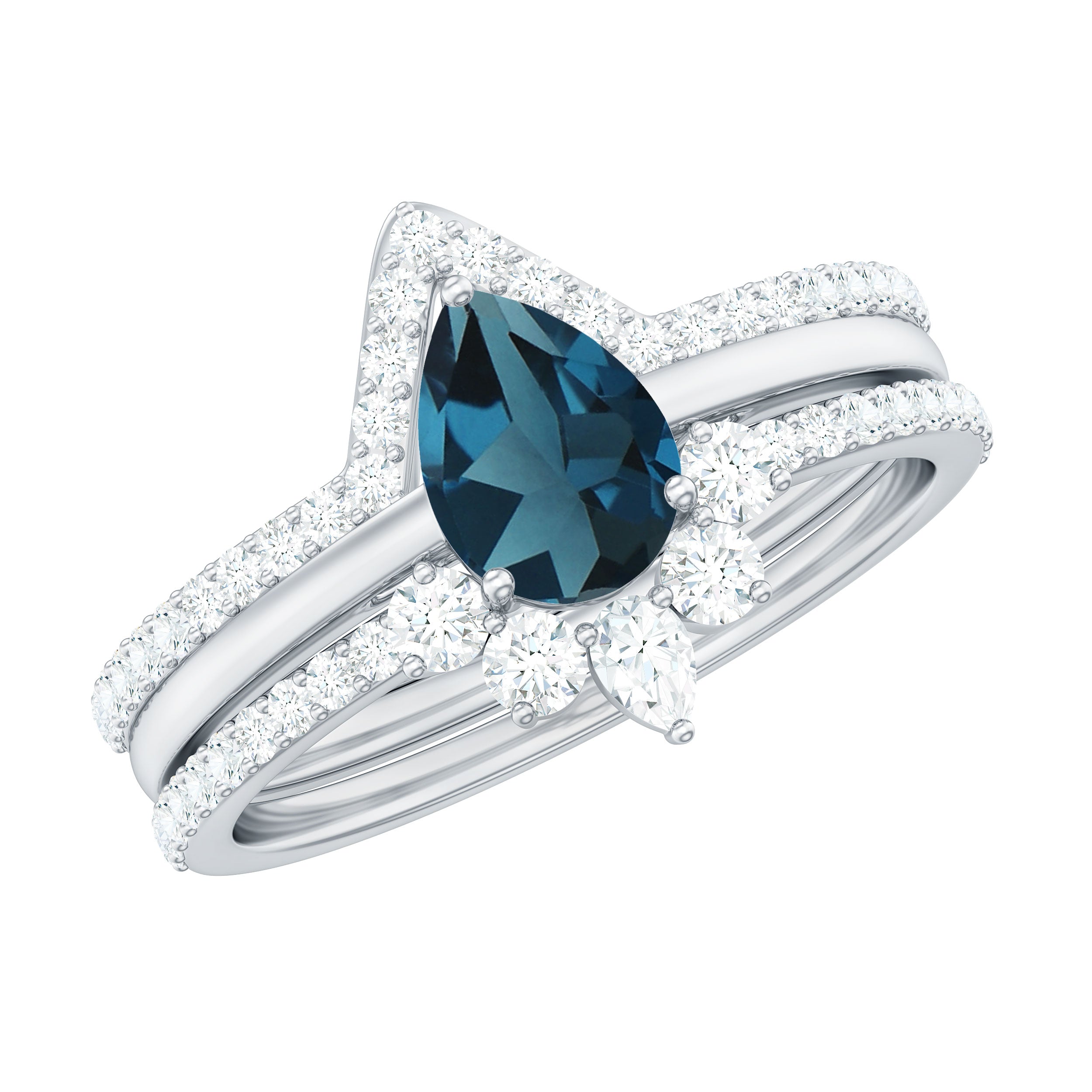 Pear Shape London Blue Topaz and Diamond Trio Ring Set AAA - Rosec Jewels