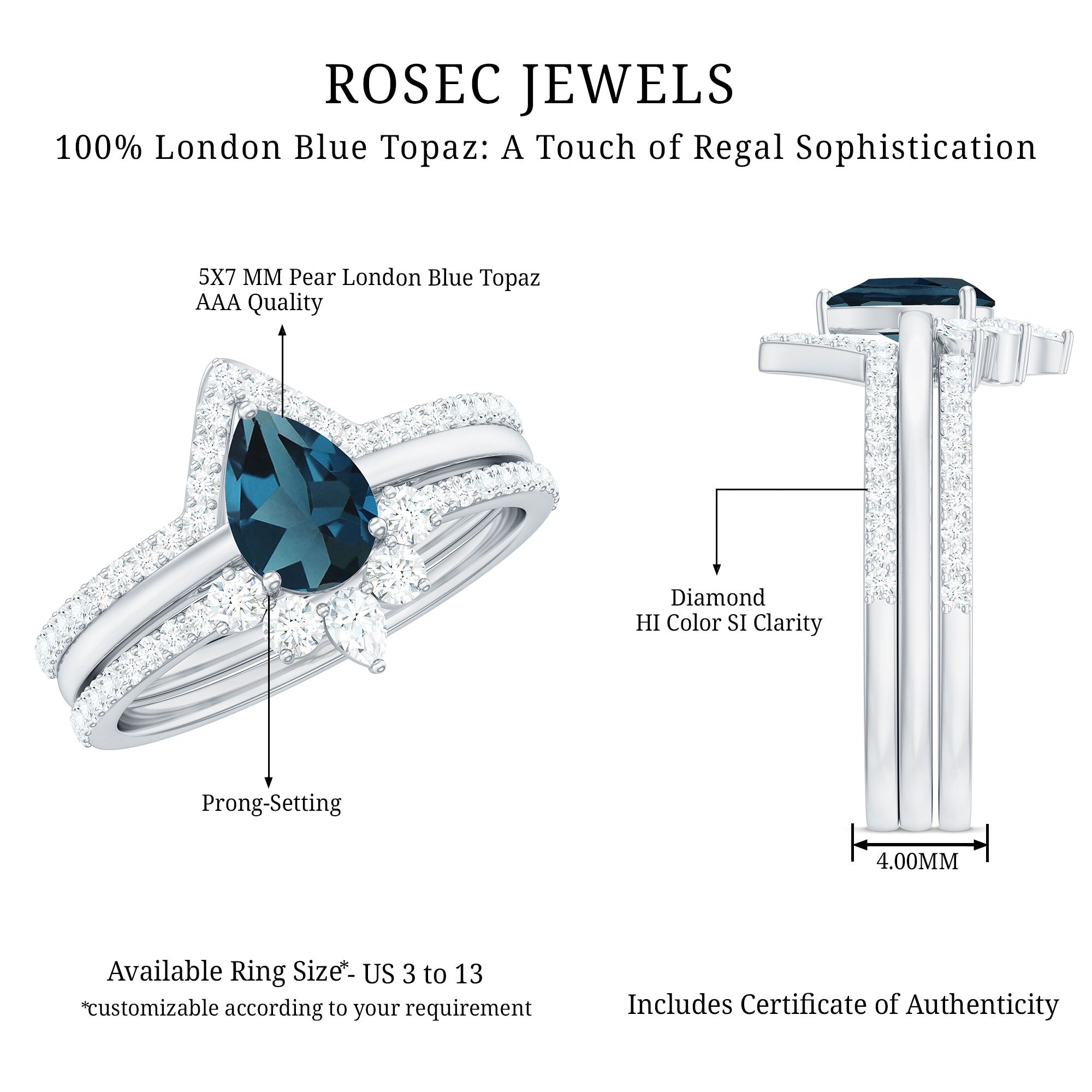 Pear Shape London Blue Topaz and Diamond Trio Ring Set AAA - Rosec Jewels