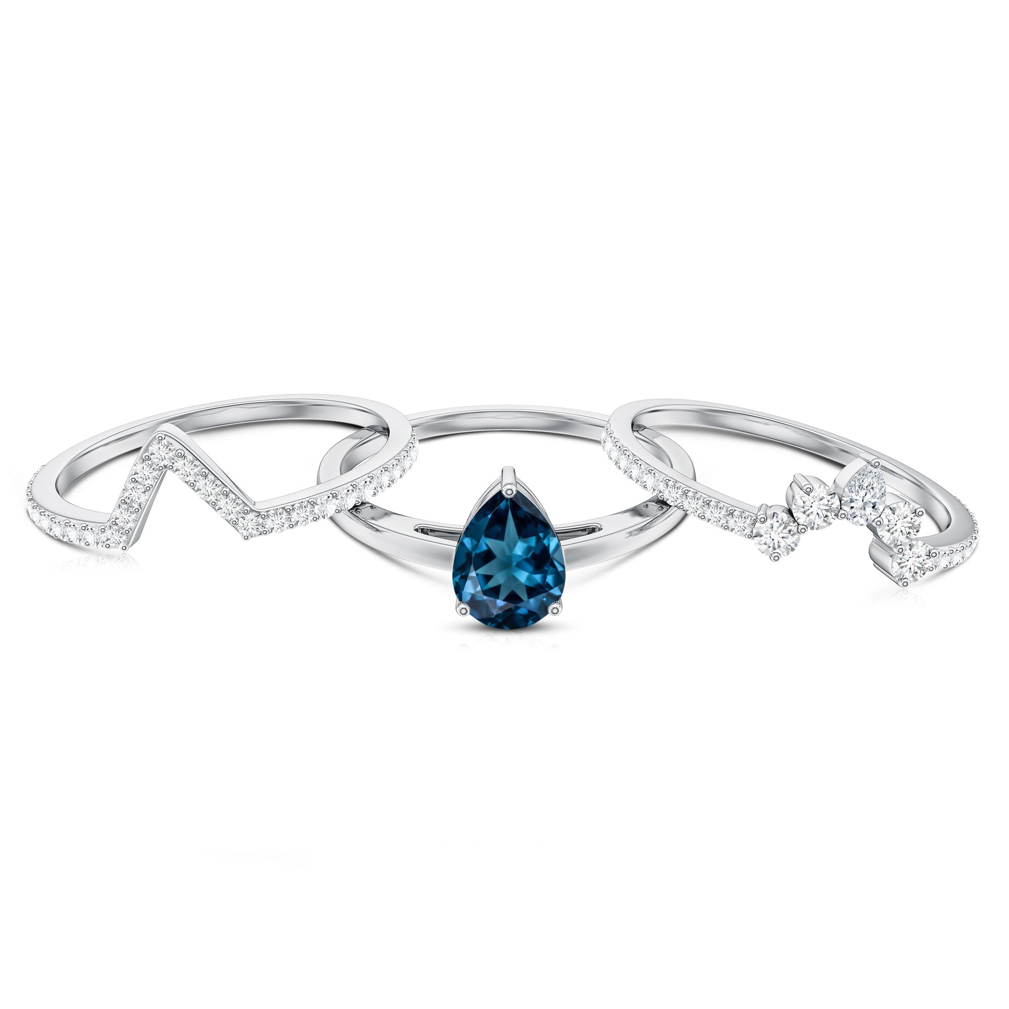 Pear Shape London Blue Topaz and Diamond Trio Ring Set AAA - Rosec Jewels