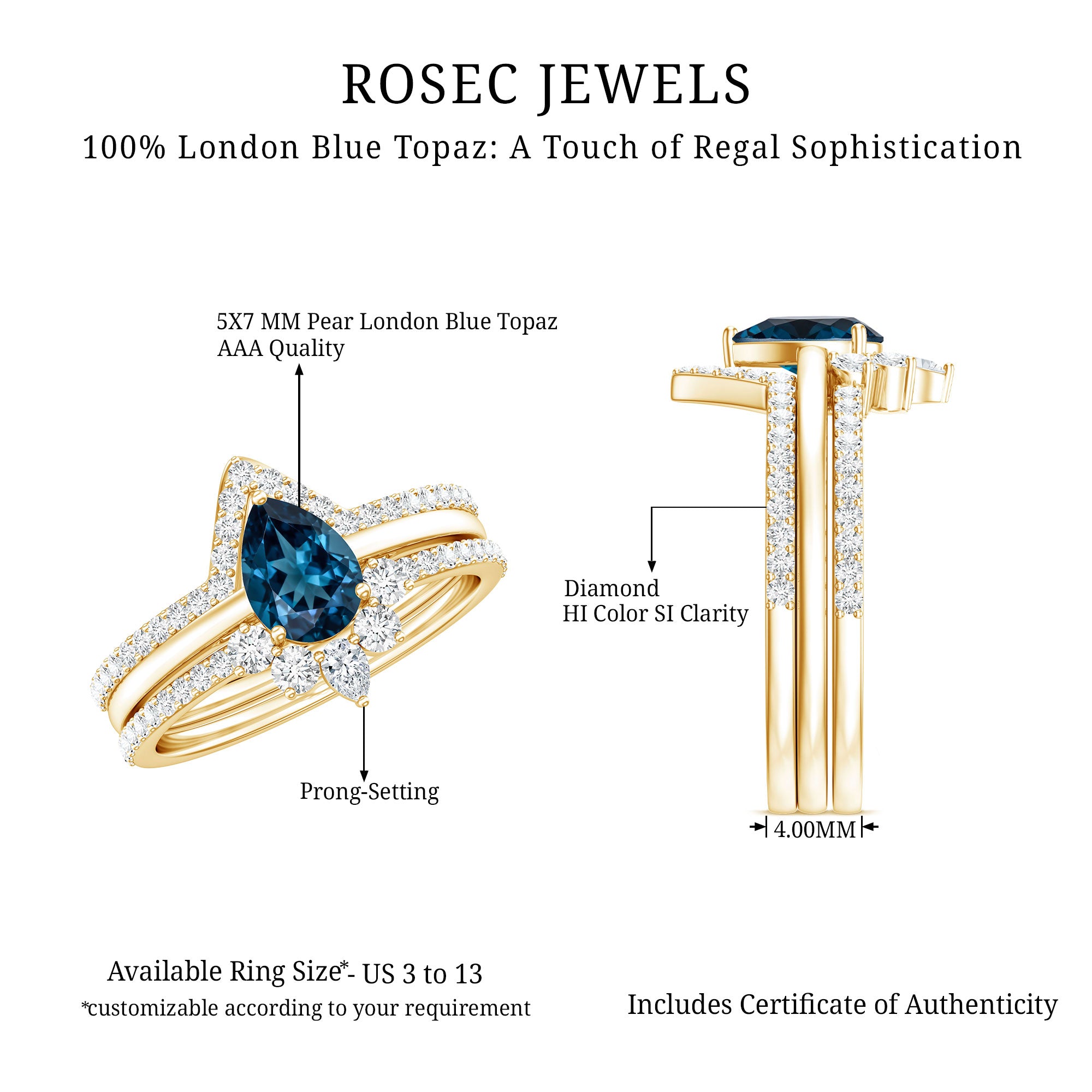 Pear Shape London Blue Topaz and Diamond Trio Ring Set AAA - Rosec Jewels