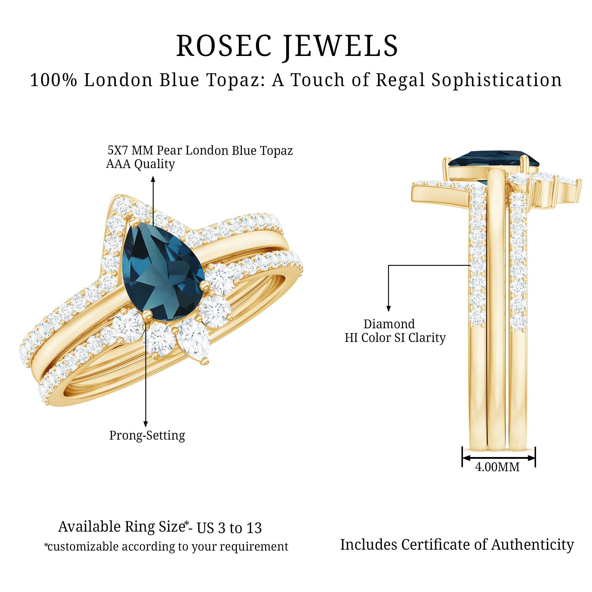 Pear Shape London Blue Topaz and Diamond Trio Ring Set AAA - Rosec Jewels