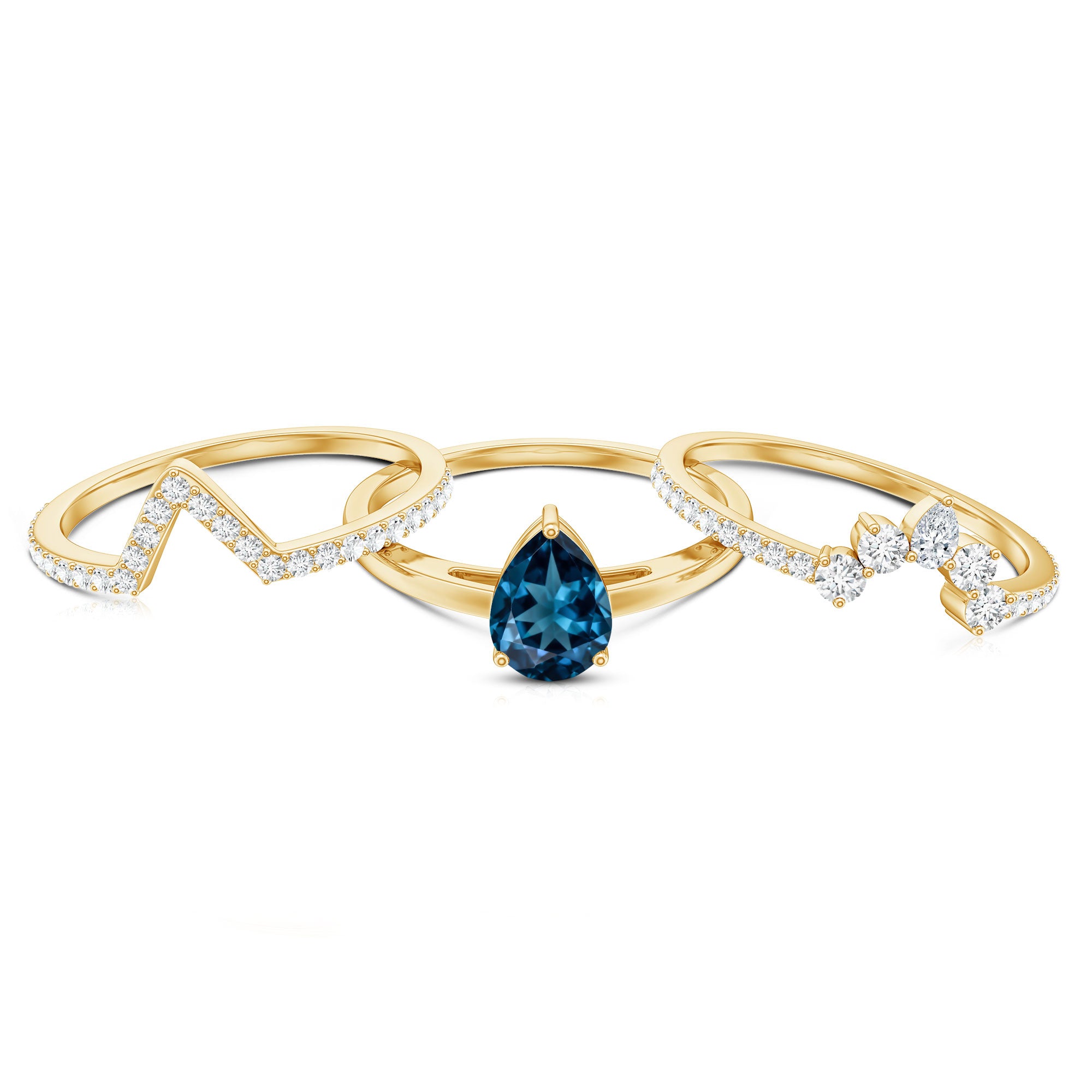 Pear Shape London Blue Topaz and Diamond Trio Ring Set AAA - Rosec Jewels