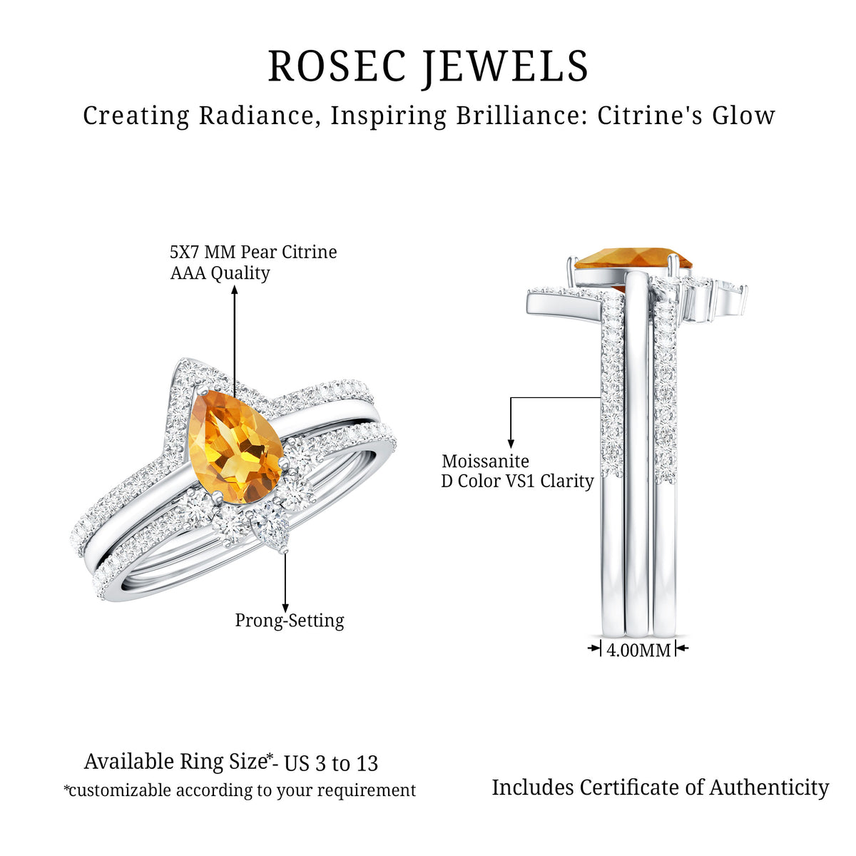Natural 0.6 Carat Pear Shape Citrine Wedding Bridal Ring Set of 3 with Certificate AAA - Rosec Jewels