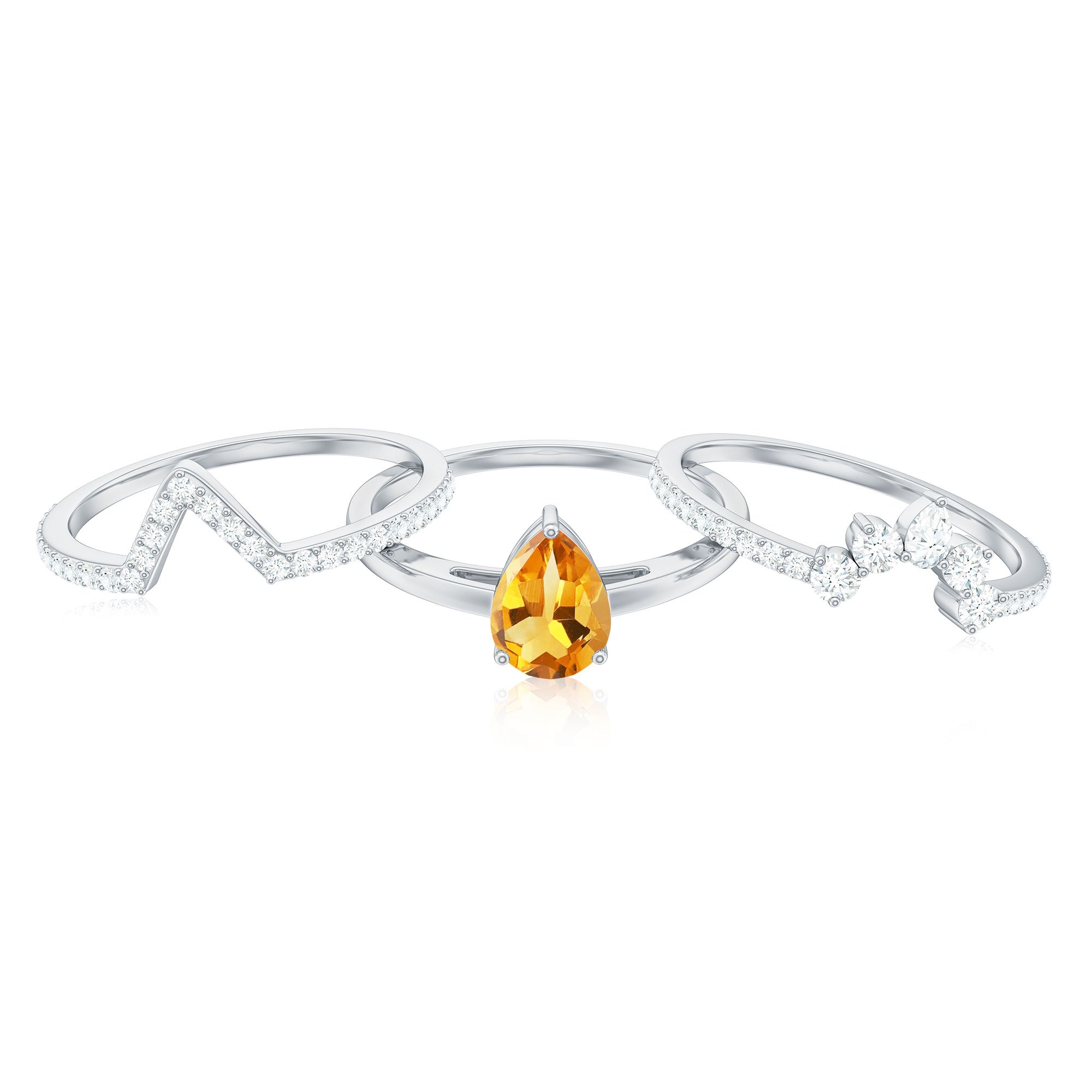 Natural Pear Shape Citrine Wedding Bridal Ring Set of 3 with Certificate AAA - Rosec Jewels