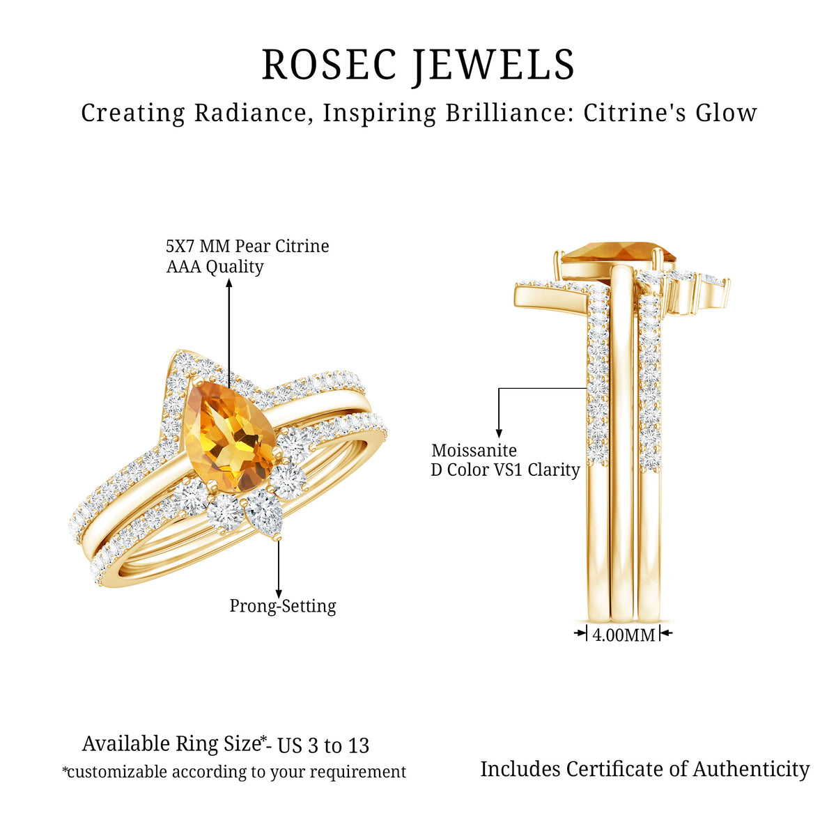 Natural 0.6 Carat Pear Shape Citrine Wedding Bridal Ring Set of 3 with Certificate AAA - Rosec Jewels
