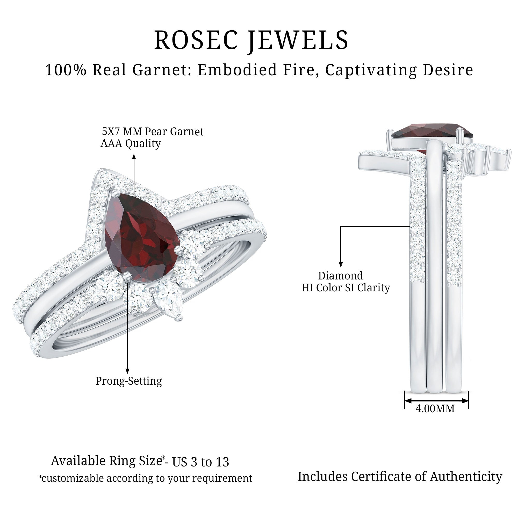 Natural Pear Shaped Garnet Diamond 3 Piece Bridal Ring Set AAA - Rosec Jewels
