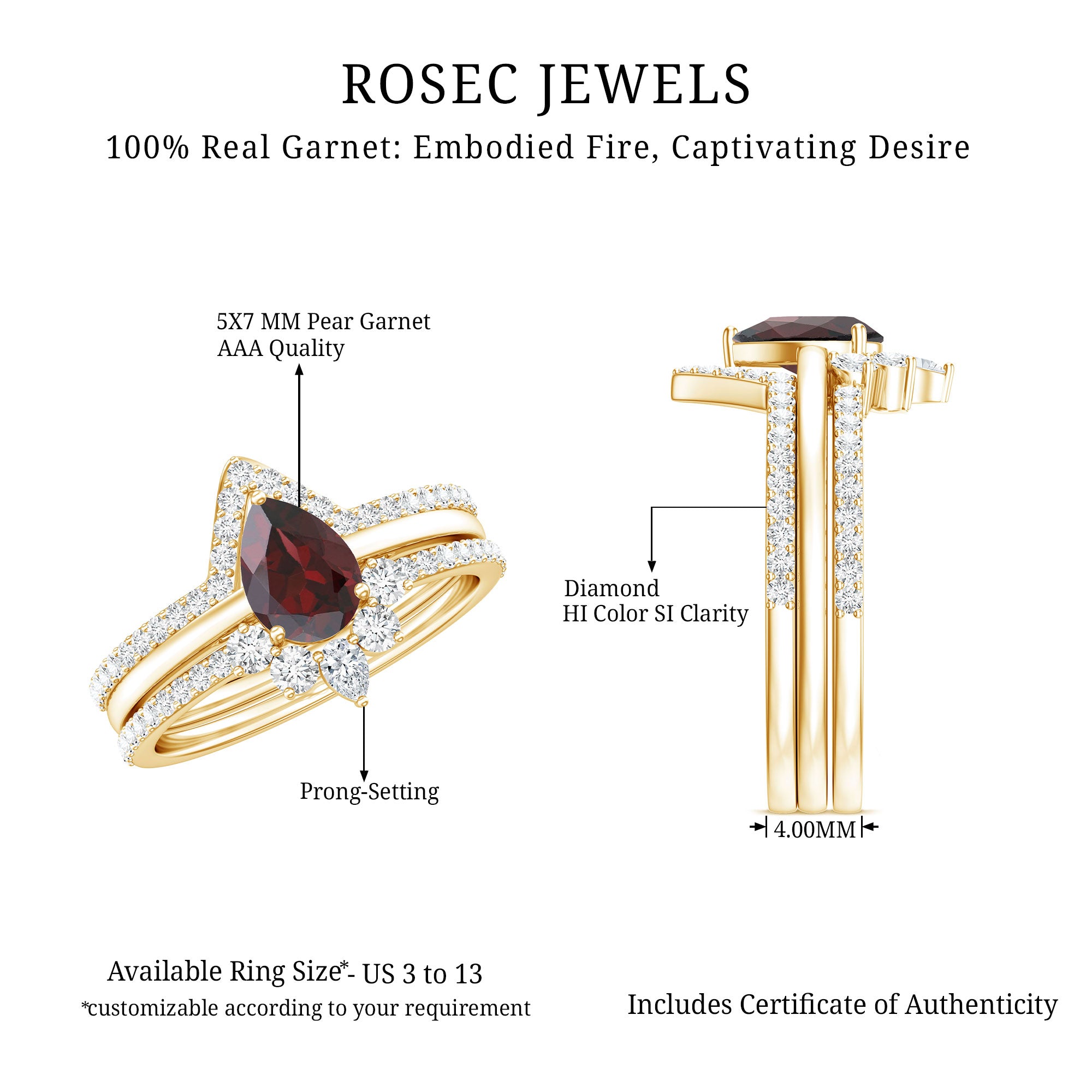 Natural 0.8 Carat Pear Shaped Garnet Diamond 3 Piece Bridal Ring Set AAA - Rosec Jewels