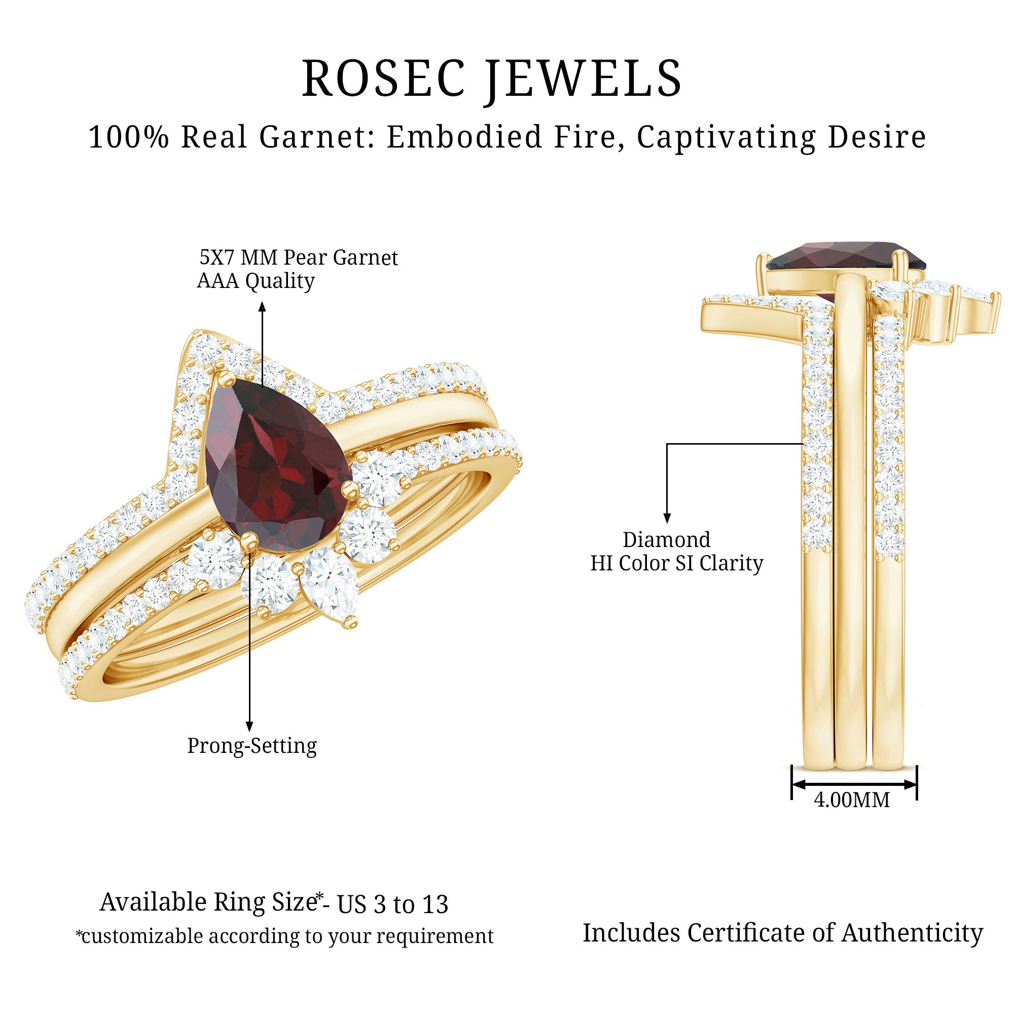 Natural Pear Shaped Garnet Diamond 3 Piece Bridal Ring Set AAA - Rosec Jewels