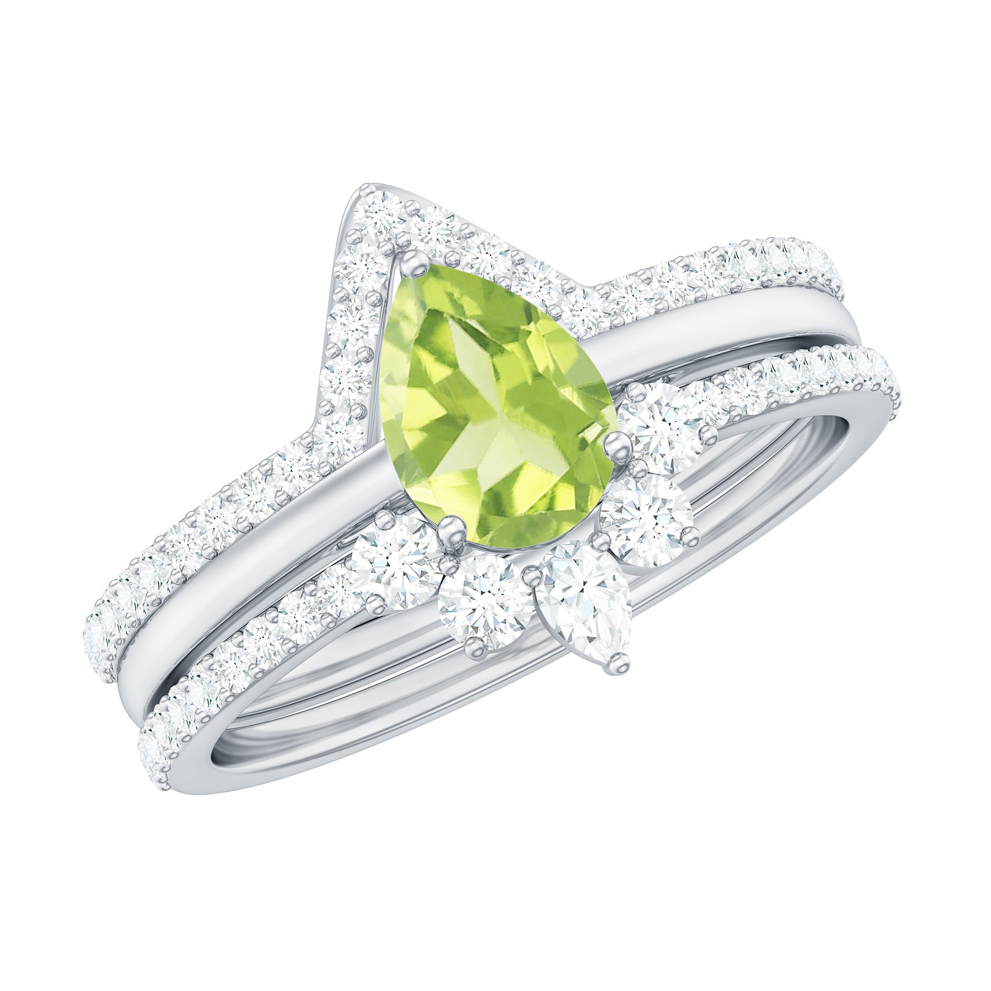 Certified Real 1 Carat Peridot Trio Wedding Ring Set with Moissanite AAA - Rosec Jewels