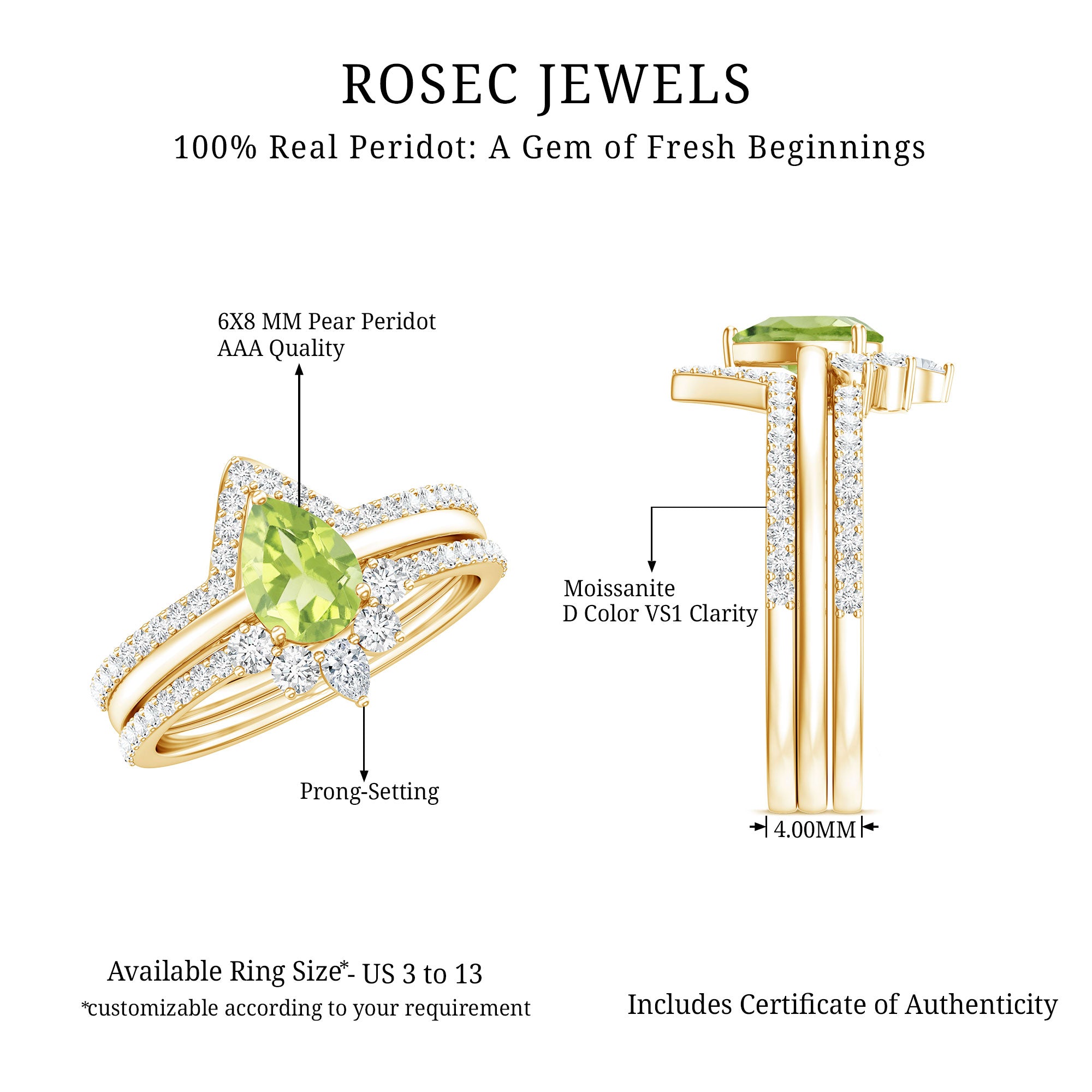 Certified Real 1 Carat Peridot Trio Wedding Ring Set with Moissanite AAA - Rosec Jewels