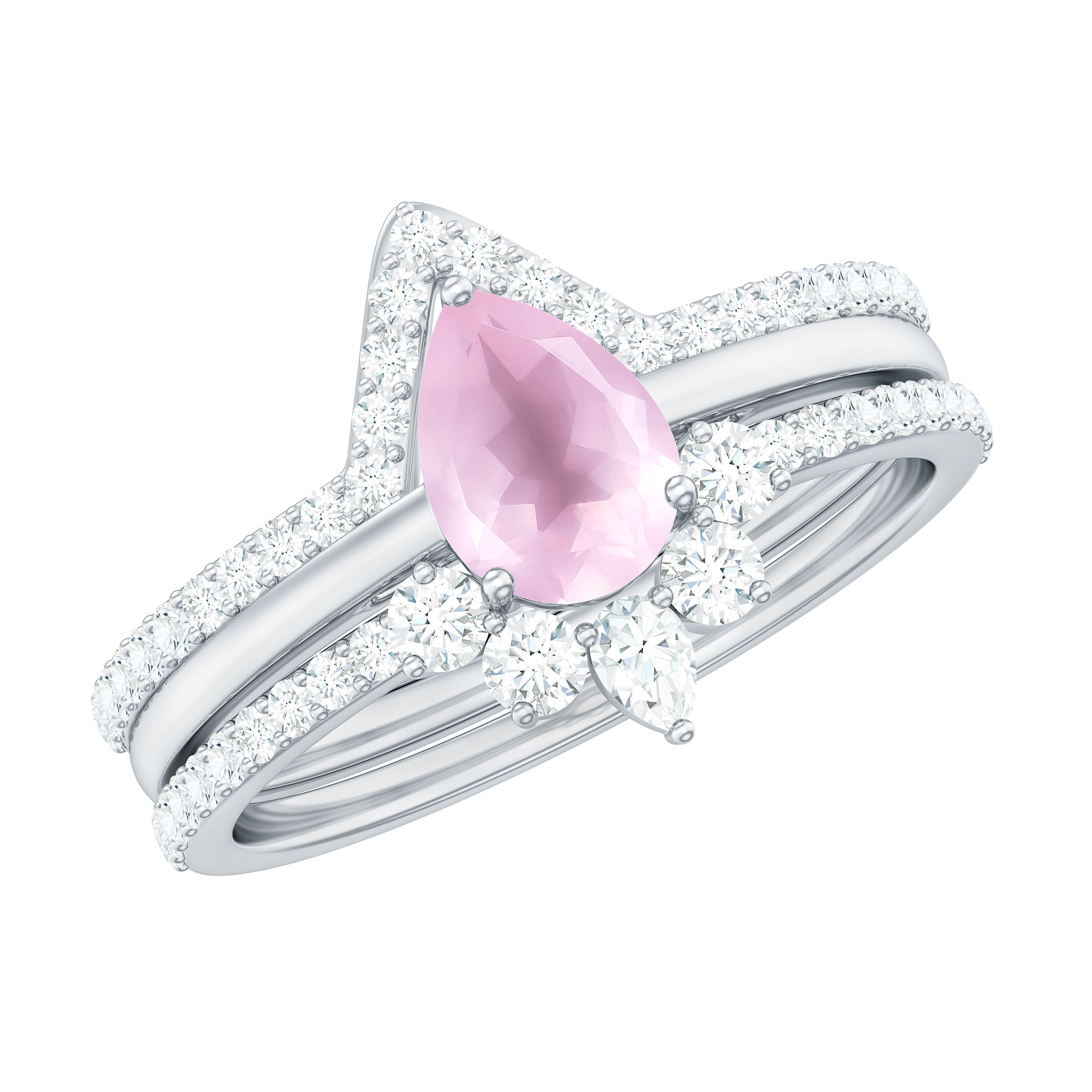 Pear Cut Rose Quartz Trio Wedding Ring Set with Moissanite