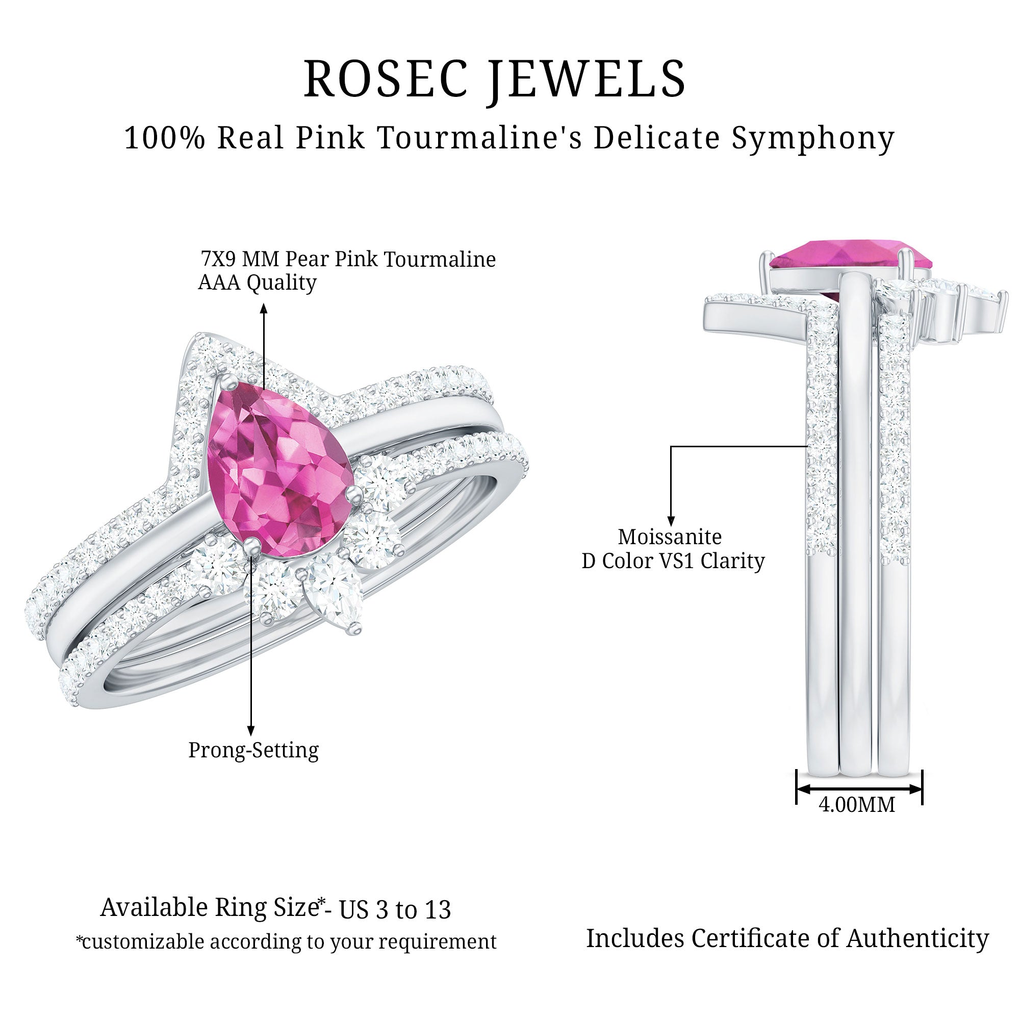 Pear Cut Pink Tourmaline Trio Wedding Ring Set with Moissanite AAA - Rosec Jewels