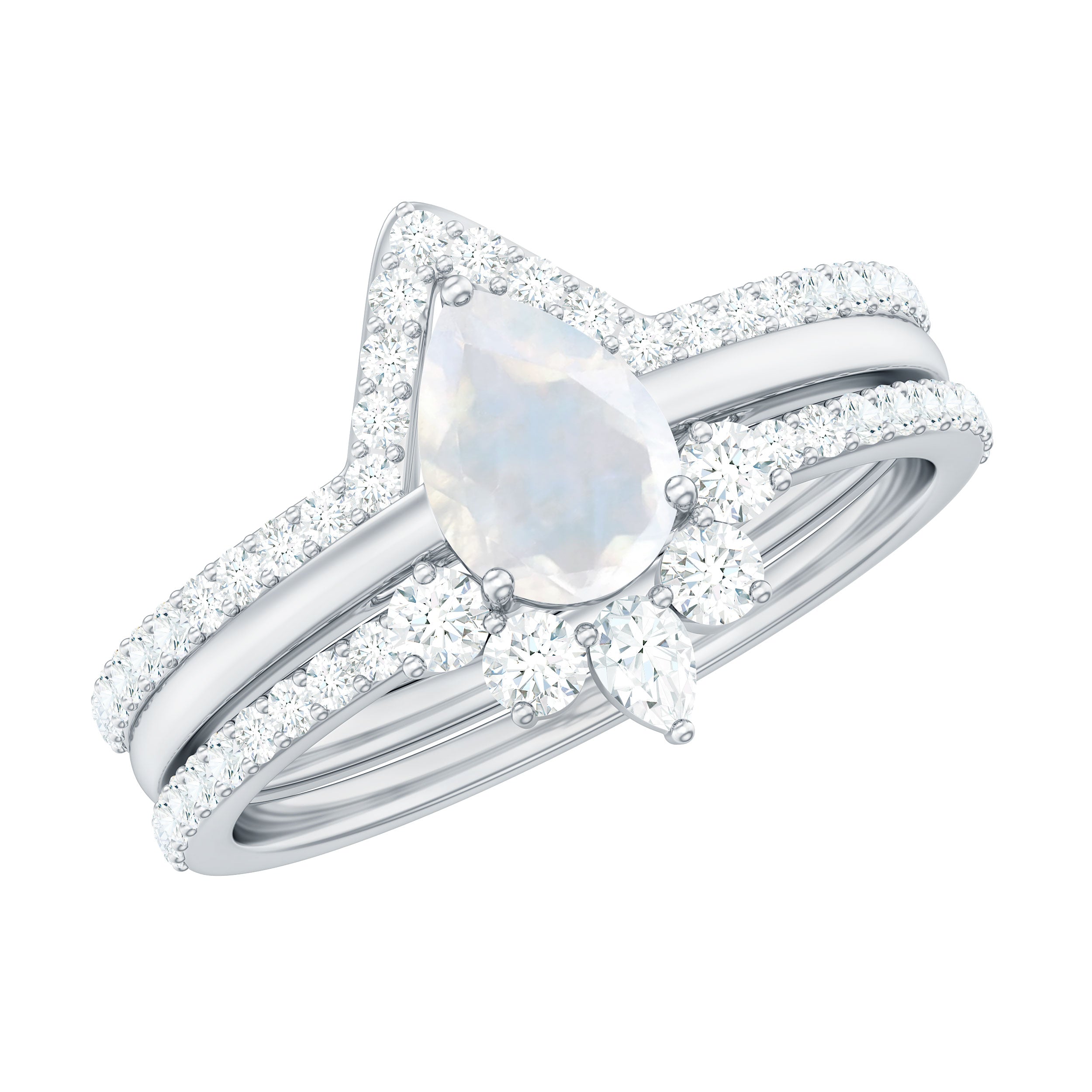 Pear Cut Moonstone Trio Wedding Ring Set with Moissanite AAA - Rosec Jewels