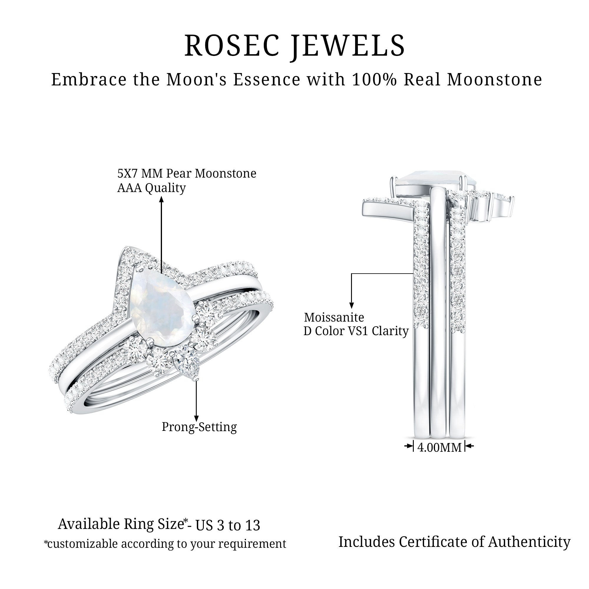 Pear Cut Moonstone Trio Wedding Ring Set with Moissanite AAA - Rosec Jewels
