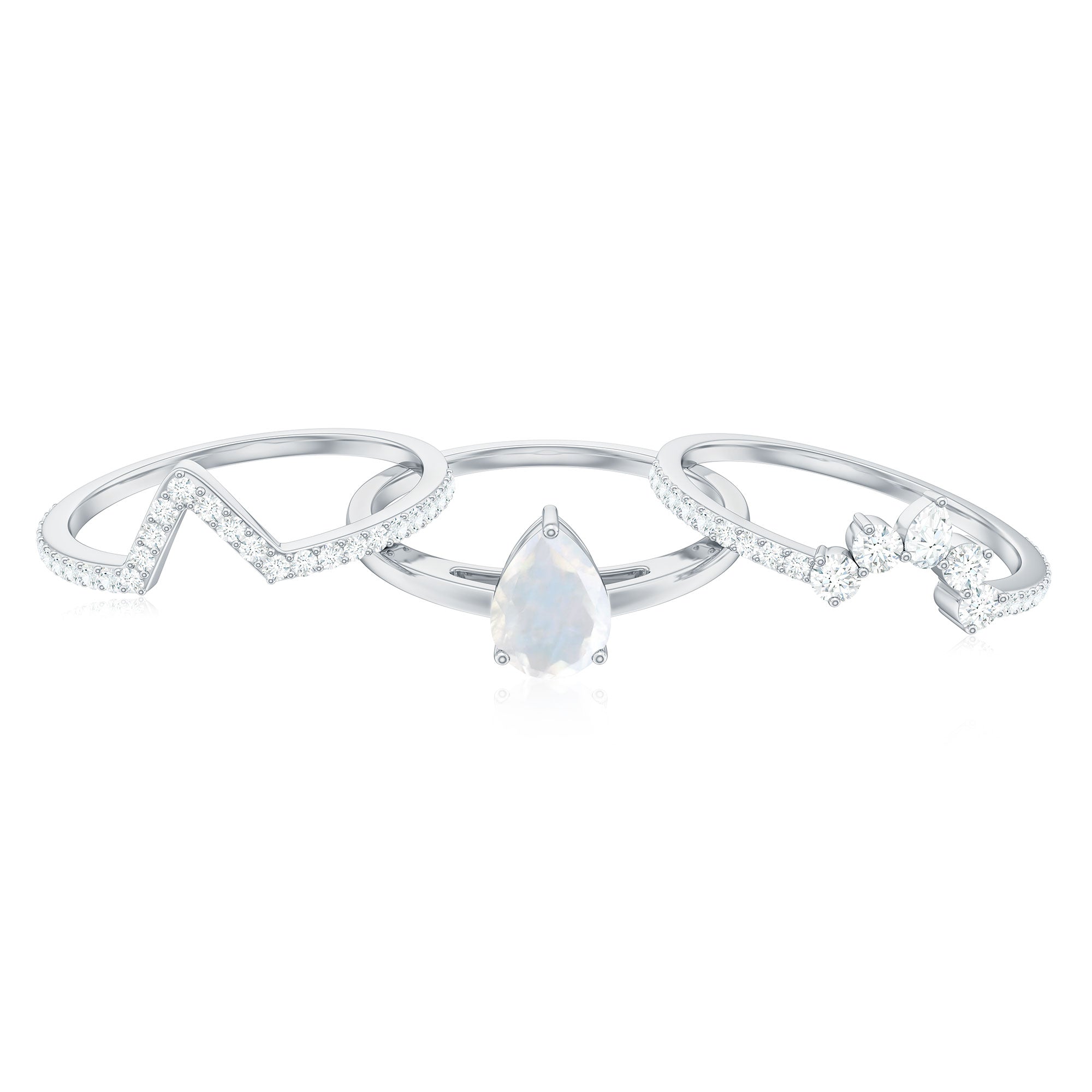 Pear Cut Moonstone Trio Wedding Ring Set with Moissanite AAA - Rosec Jewels