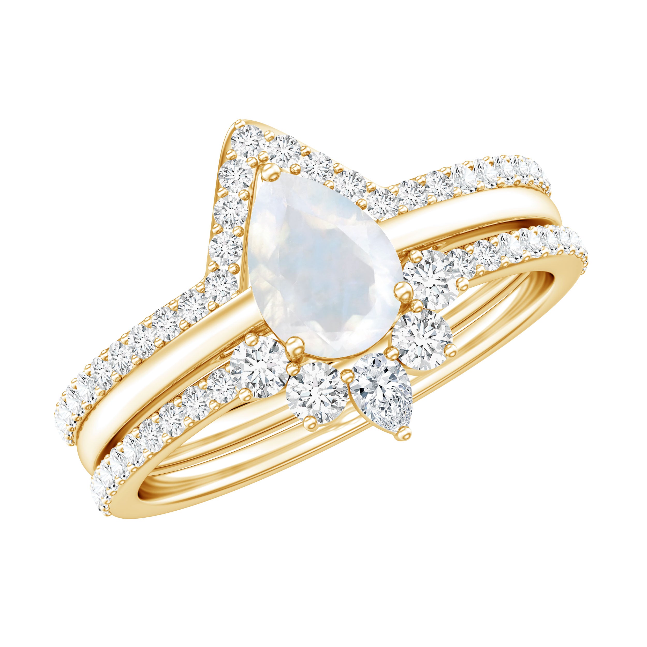 Pear Cut Moonstone Trio Wedding Ring Set with Moissanite AAA - Rosec Jewels