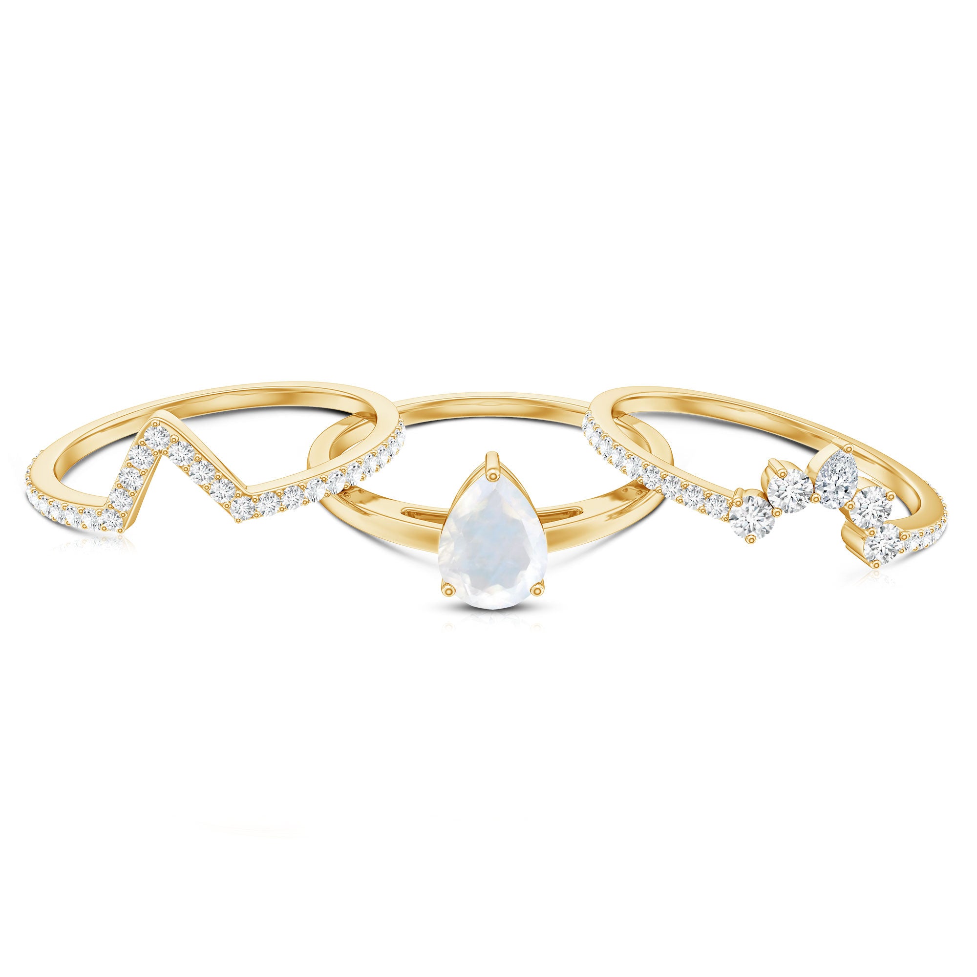 Pear Cut Moonstone Trio Wedding Ring Set with Moissanite AAA - Rosec Jewels